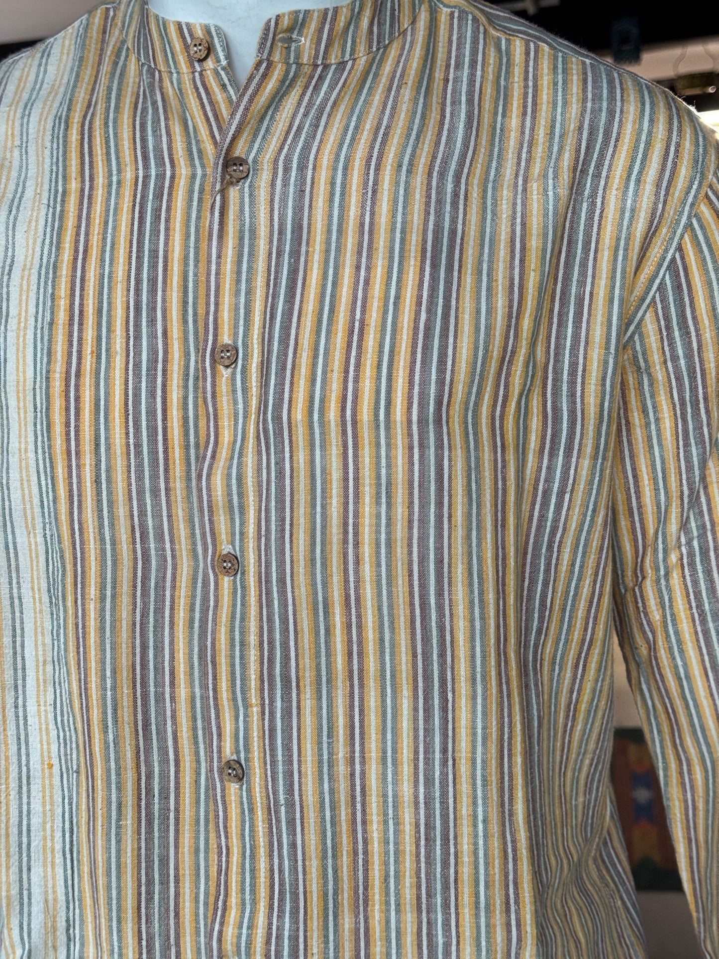 Yellow stripes handwoven kala cotton full sleeves band collared shirt for men