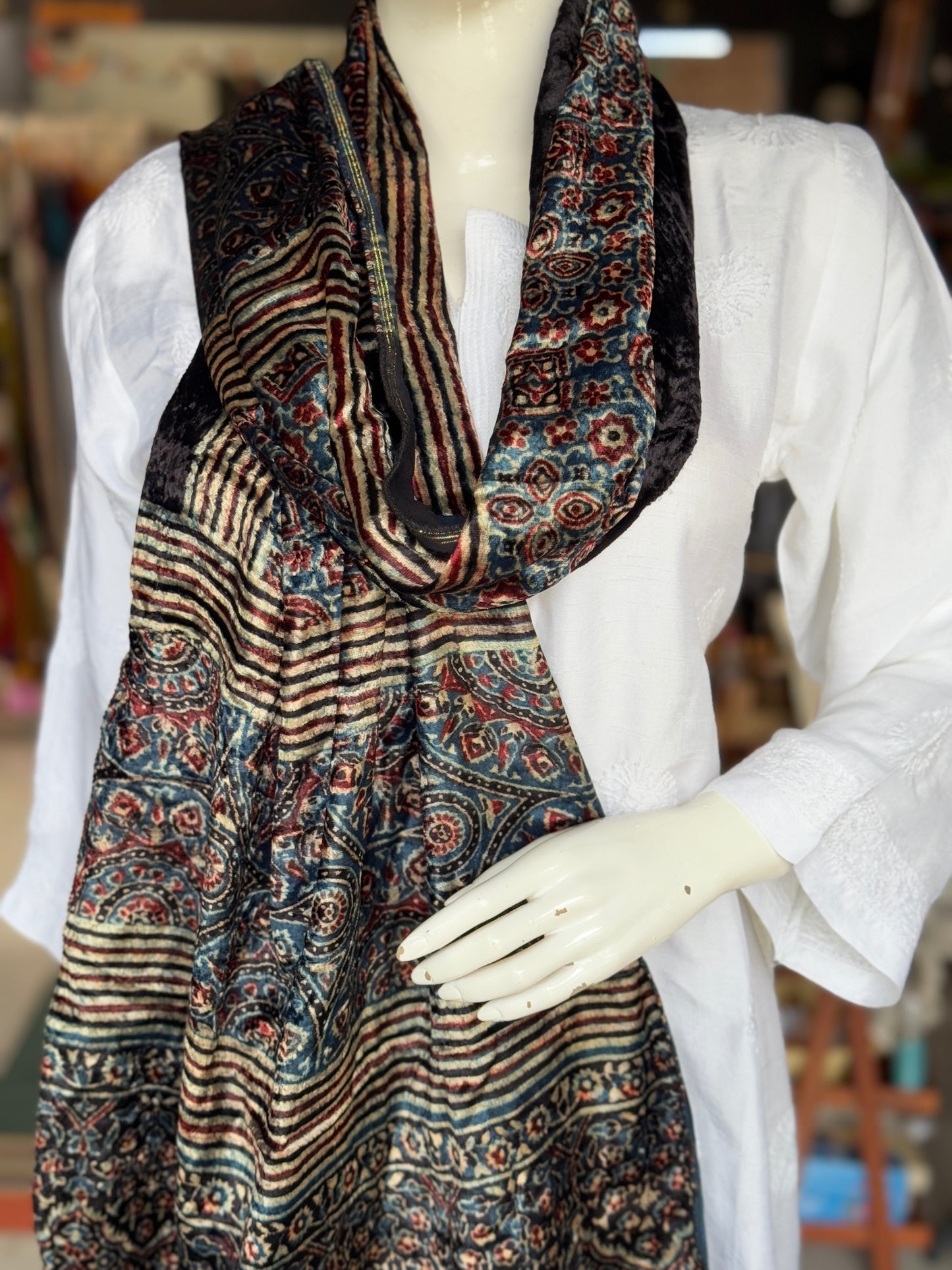 Luxurious Ajrakh hand block printed velvet stole