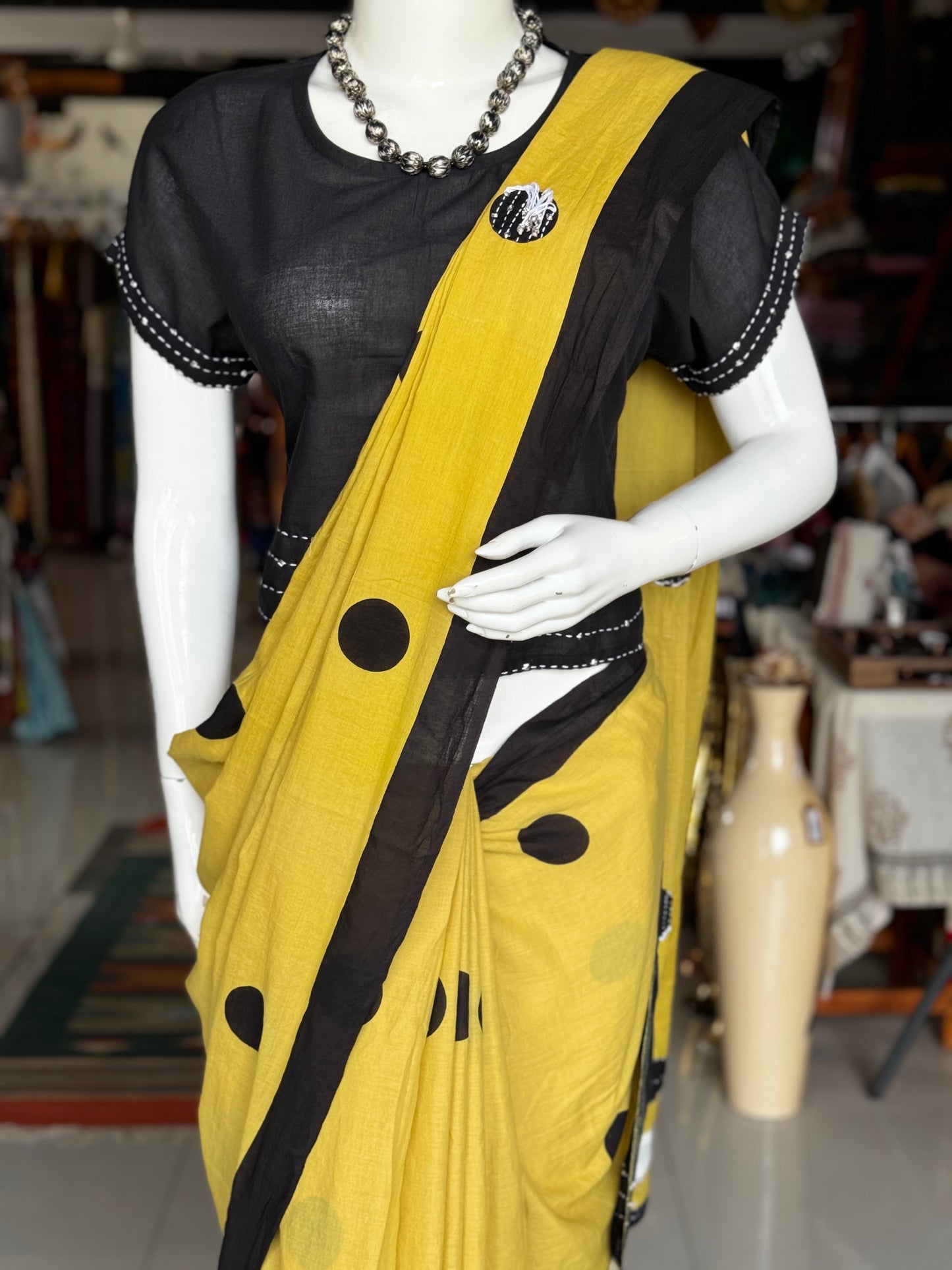 Yellow hand embroidered designer soft cotton saree