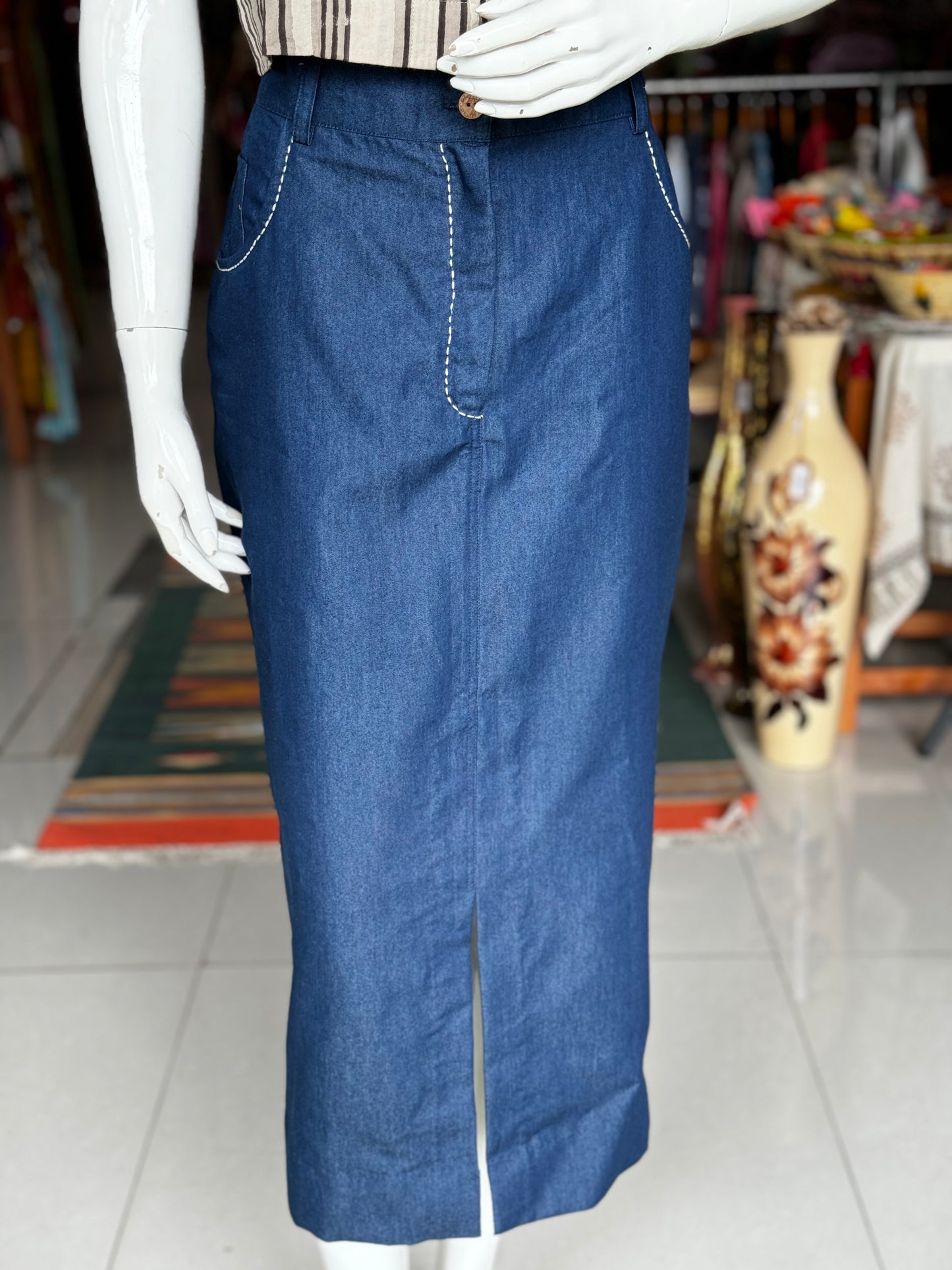 Blue denim skirt with hand stitch detailing