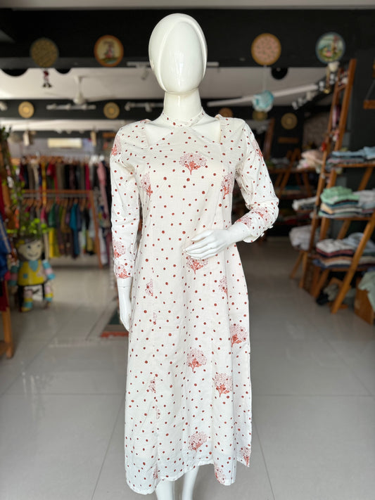 Off white with brown hand block printed soft cotton fancy neckline dress / kurta