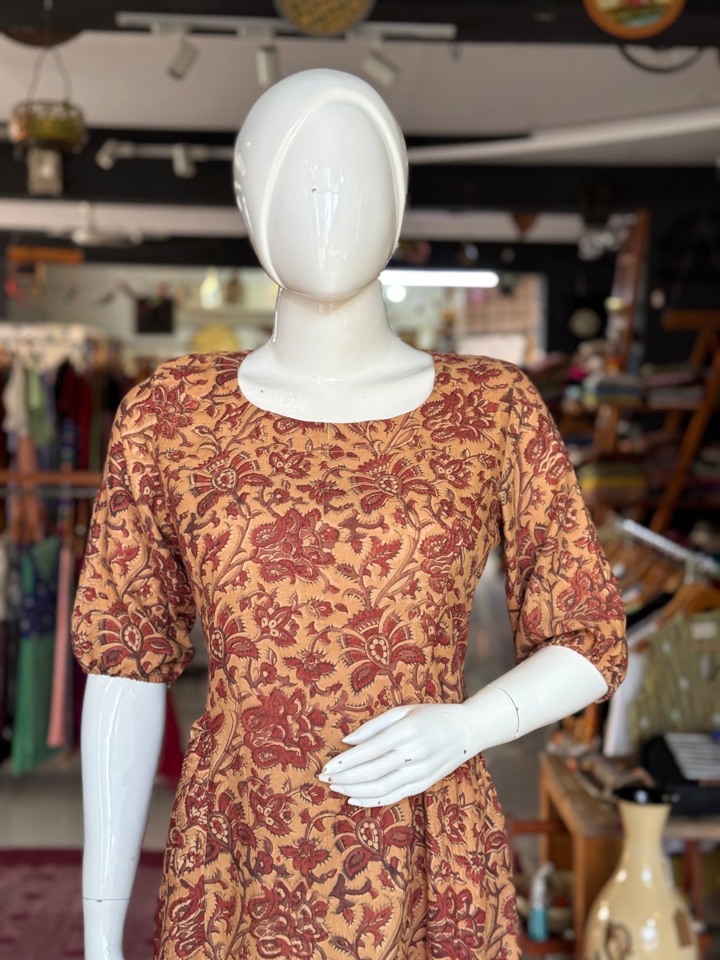 Sandal time Kalamkari handblock print soft n flowy cotton satin side multi tiers dress