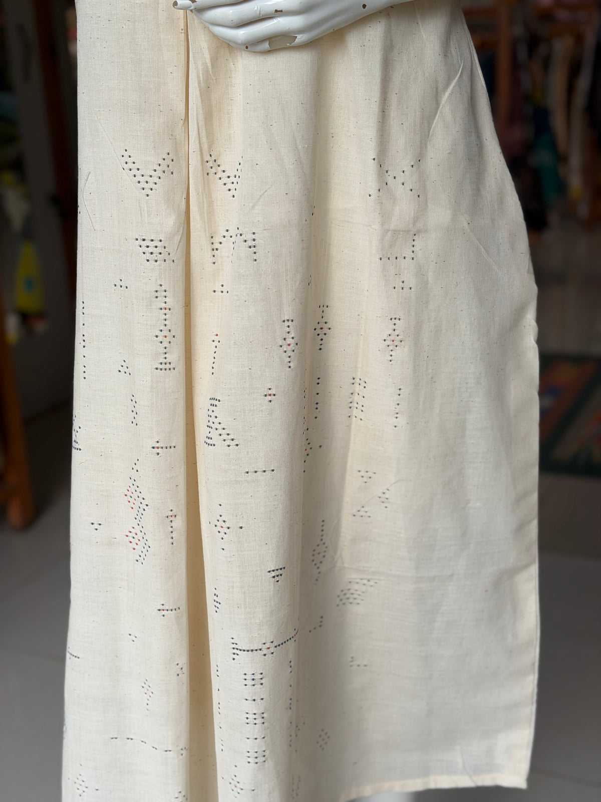 Off white Tangaliya front box pleated handwoven kala cotton x fine cotton a-line kurti / dress