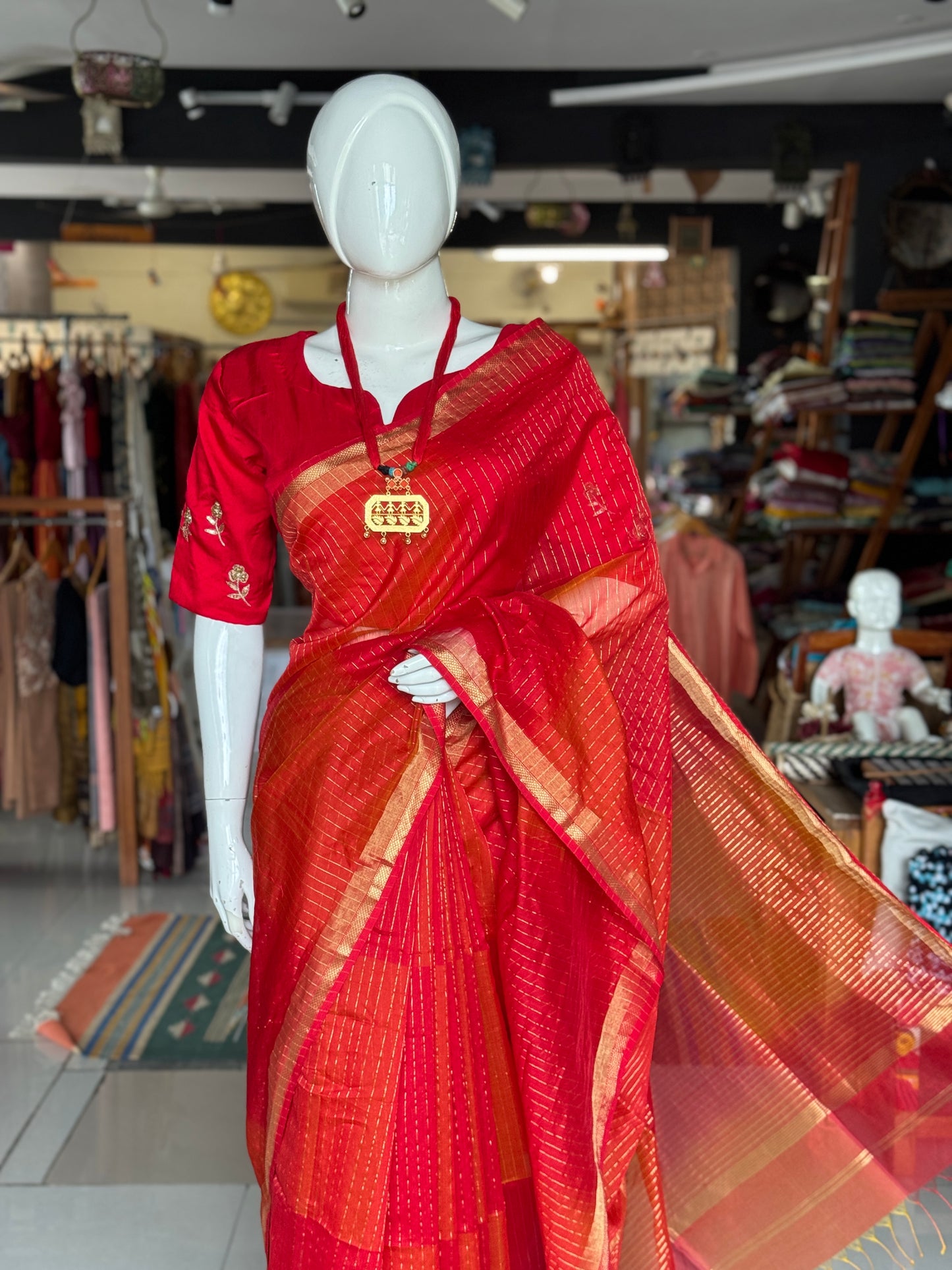 Red n orange all over stripes silk cotton Maheshwari handloom saree