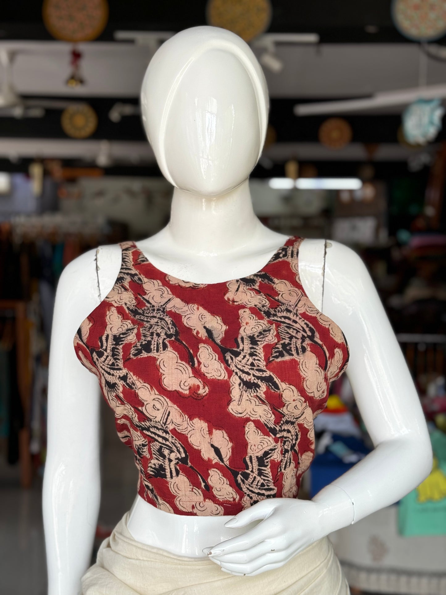 Maroon hand woven, natural dyed, hand block printed malkha cotton strap sleeves blouse