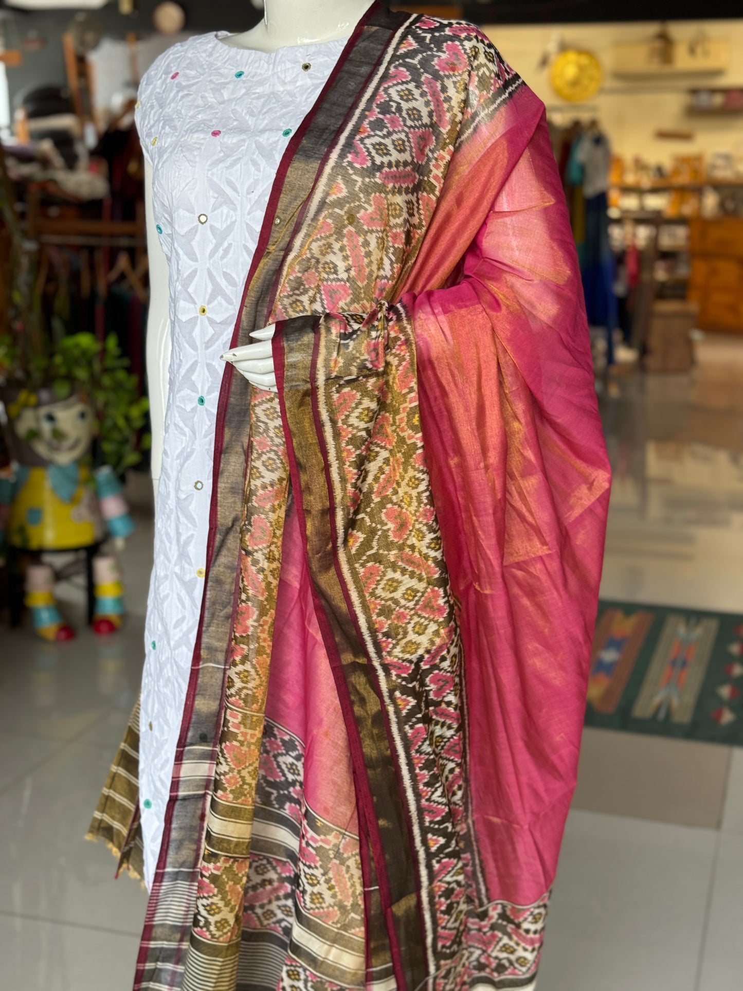 Pink Zari tissue cotton handwoven ikat patola dupatta