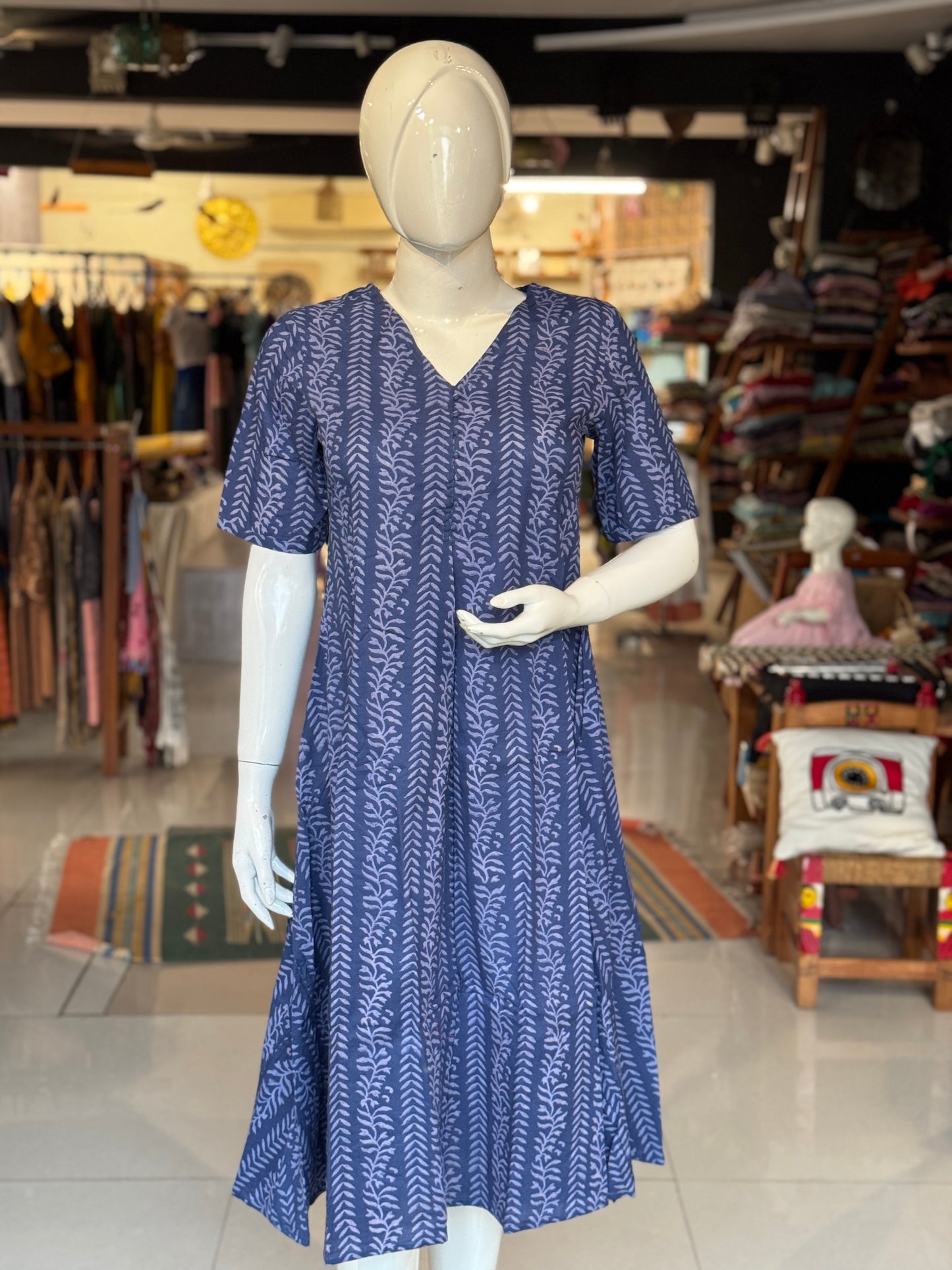 Front pleated, v-neck hand block printed cotton dress - multiple designs