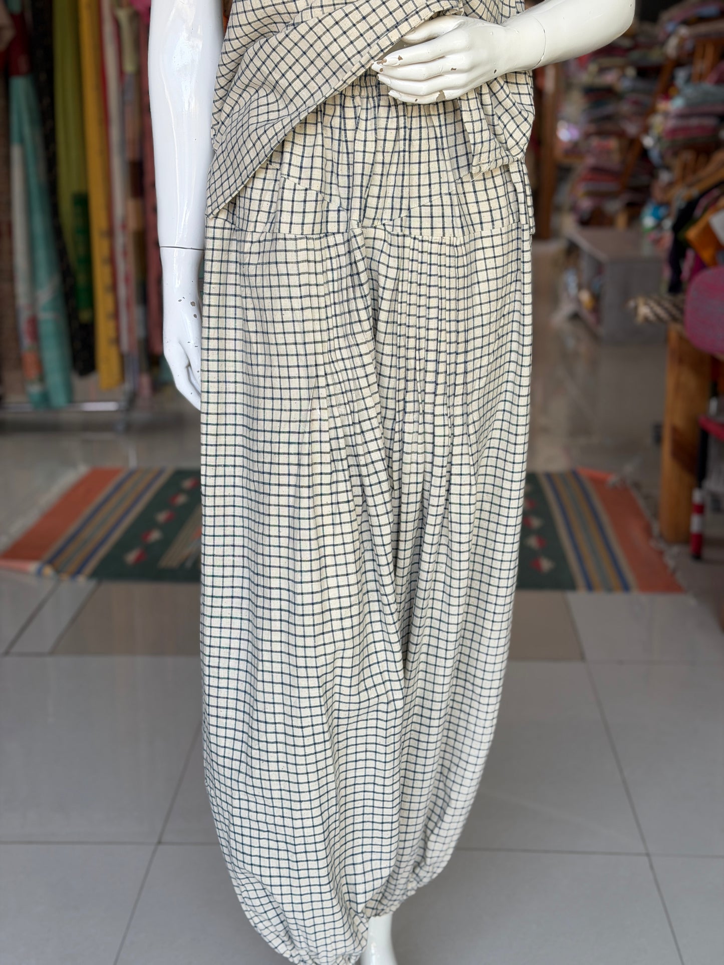 Off white and blue checks, hand spun, hand woven, natural dyed cotton harem pants for women with elastic hem