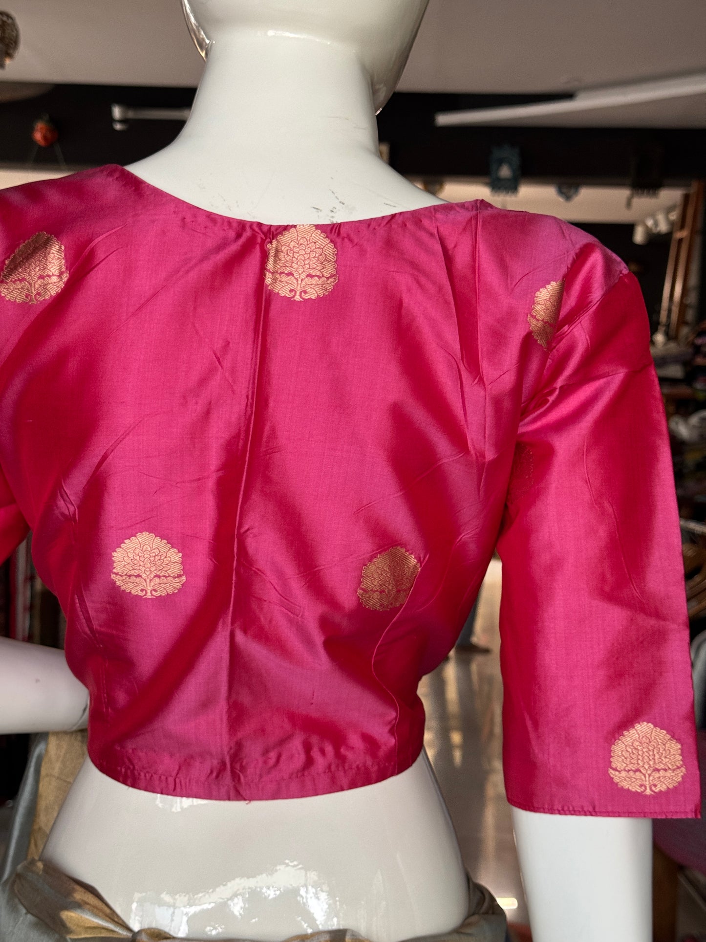 Pink hand woven pure silk blouse with butis - front open, with lining