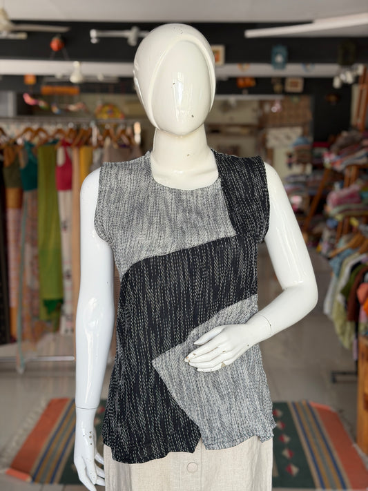 Grey n black - hand spun, handwoven cotton top with woven thread kantha