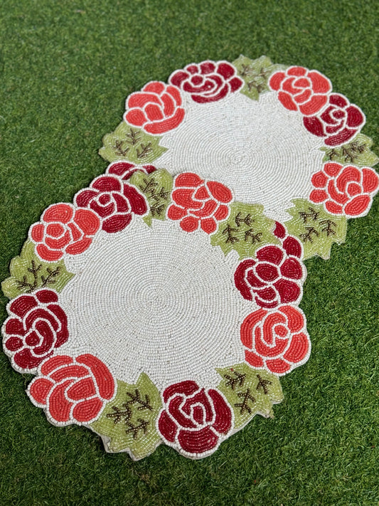 White with floral border design beads handcrafted round placemat (single)
