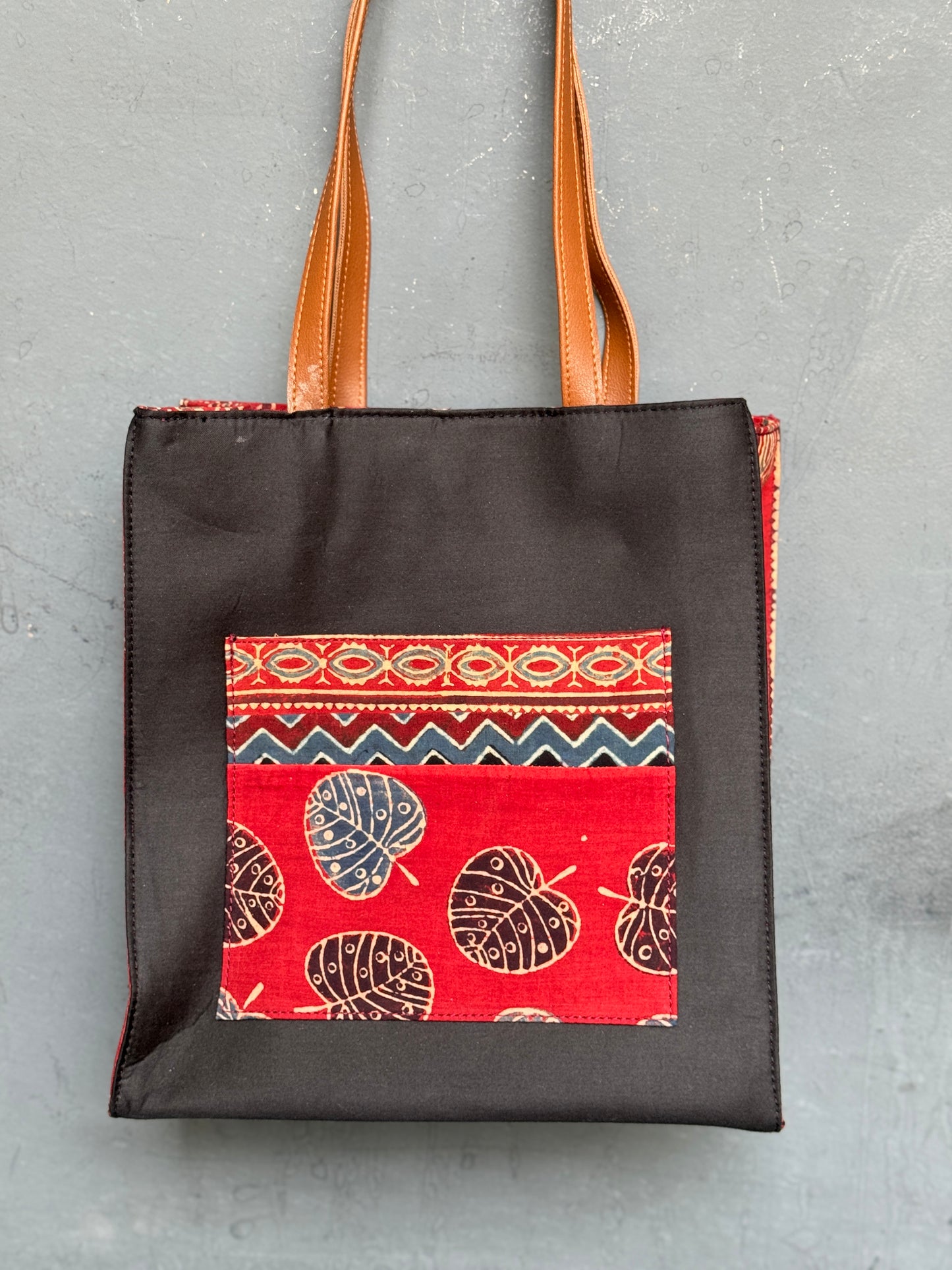 Wide base hand block printed, fabric tote bag with front patch pocket