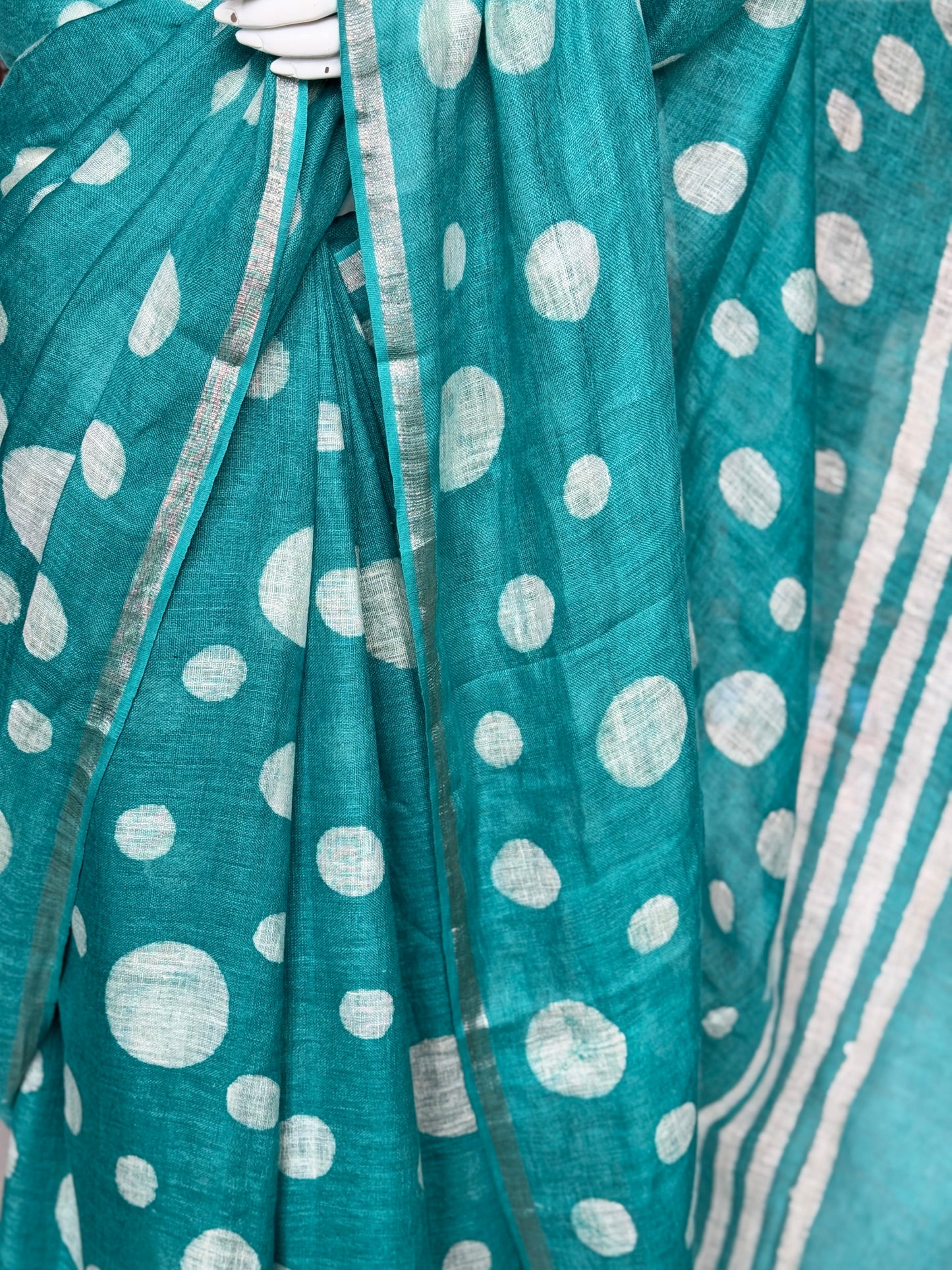 Sea green circles design hand batik linen saree