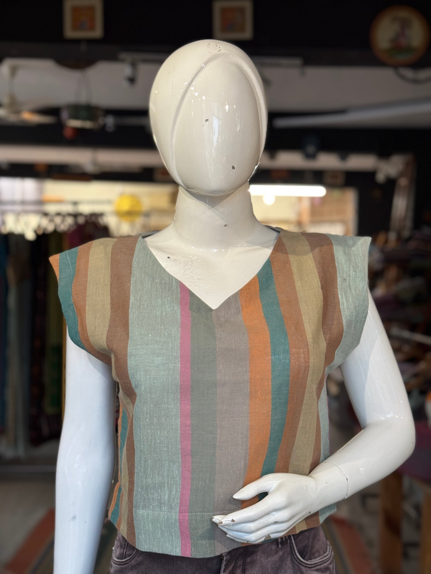 Multi colored stripes kala cotton handloom top with shoulder sleeves
