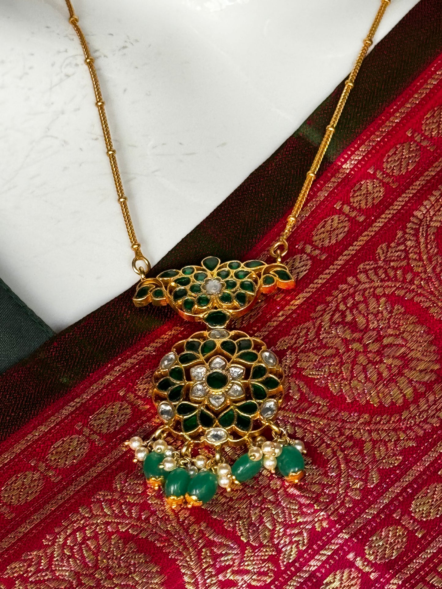 Green kundan pendant - gold polish 925 sterling silver necklace