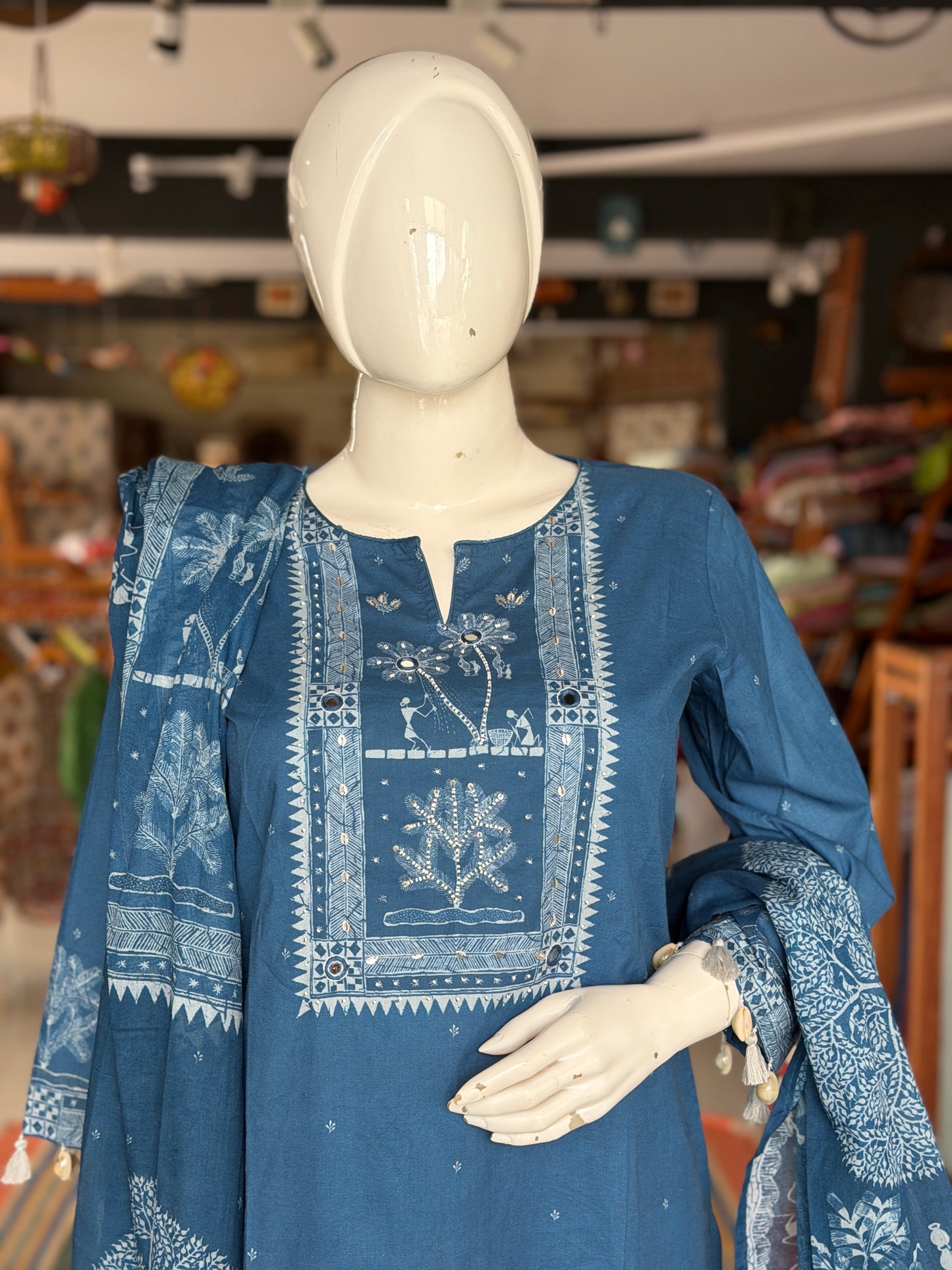 Blue mirror work, tree print straight kurti, pants and dupatta - 3 piece set