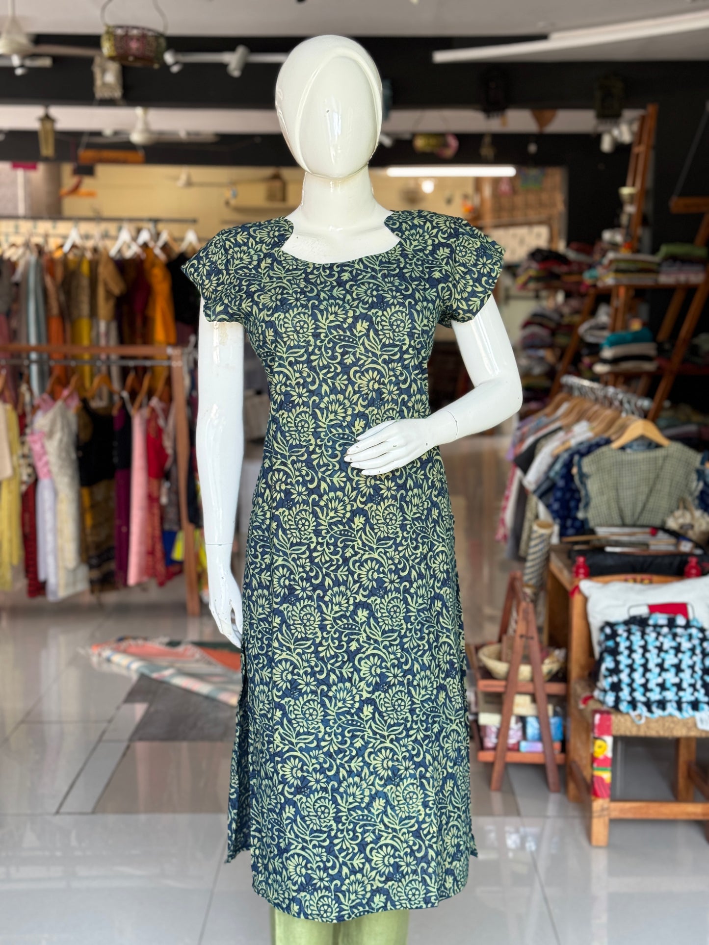 Indigo Ajrakh hand block print straight cut cotton kurti