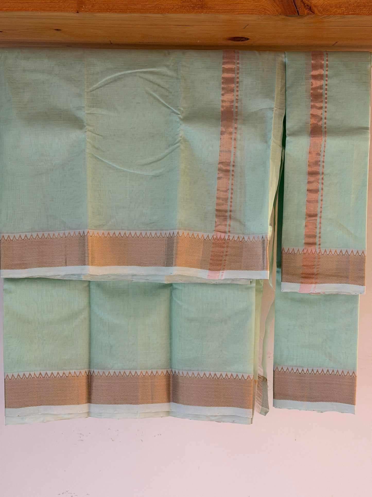 Pista green dhoti set with gold zari border for men - Mangalagiri Handloom silk cotton pancha kanduva set