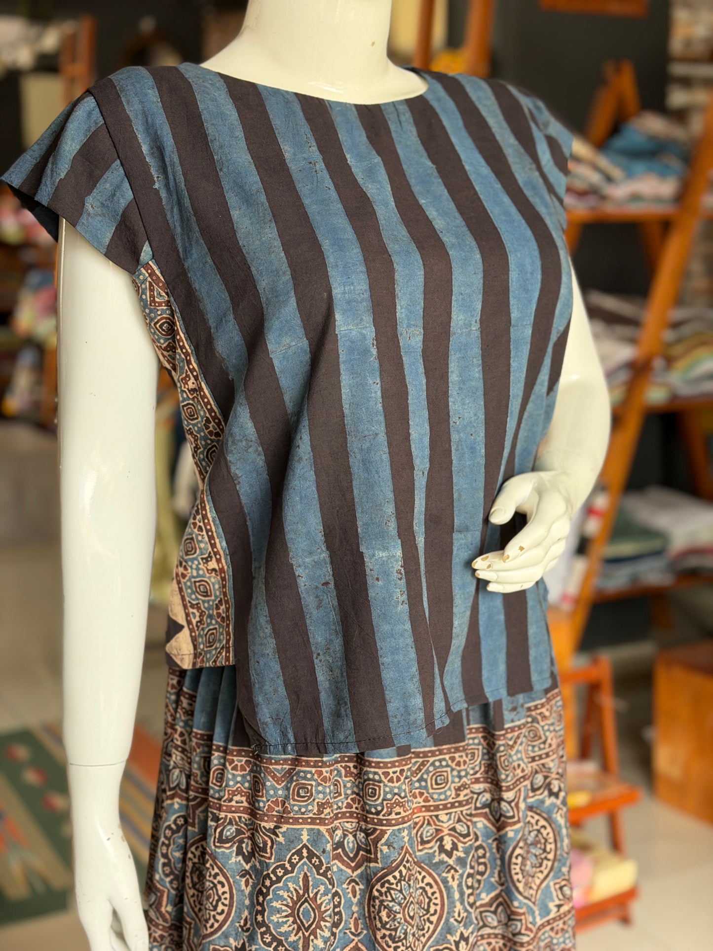 Indigo n black stripes cotton coord set of skirt n top - Ajrakh hand block prints