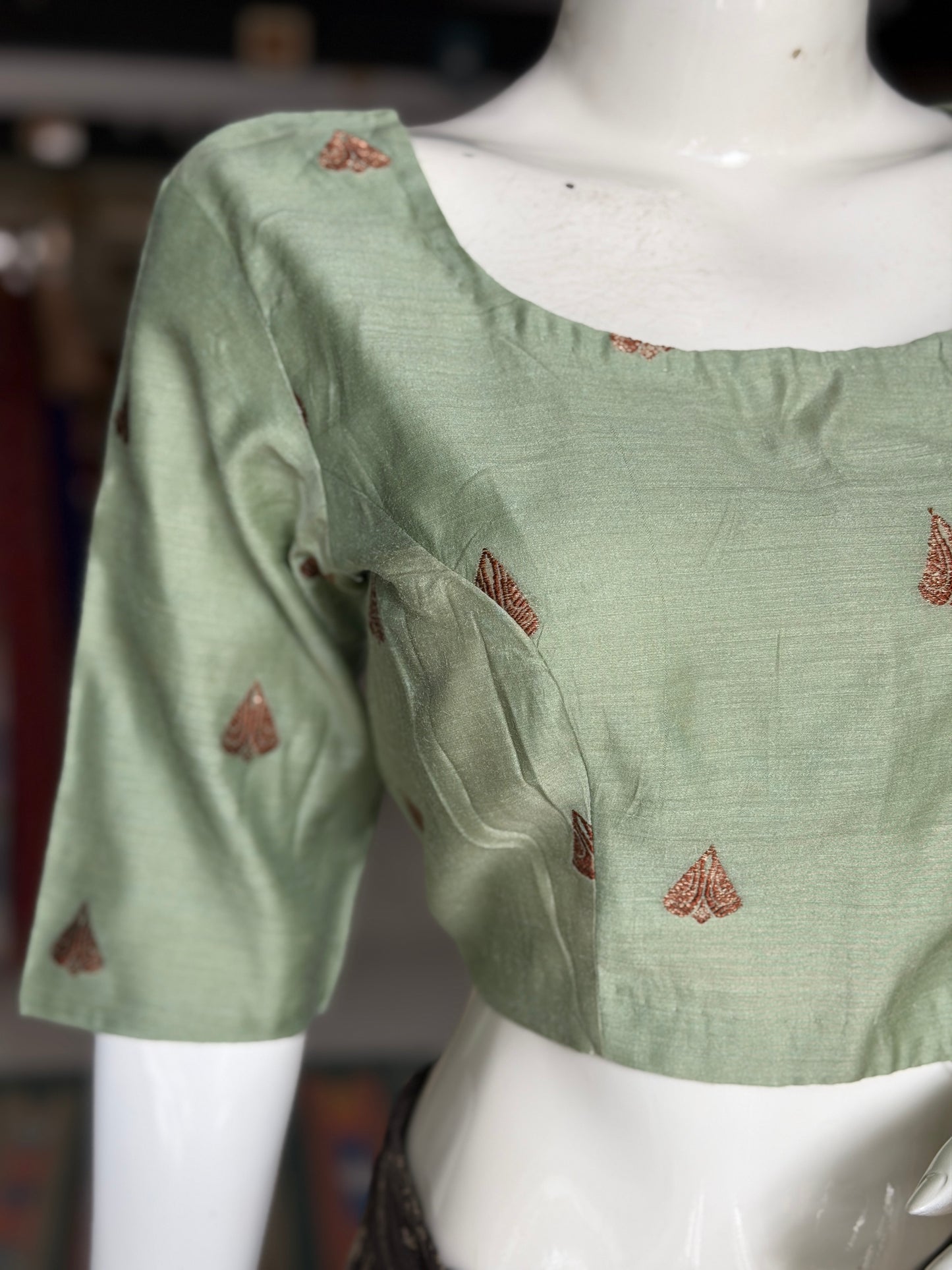 Sage green handwoven pure silk elbow sleeved blouse - both front and back open options available