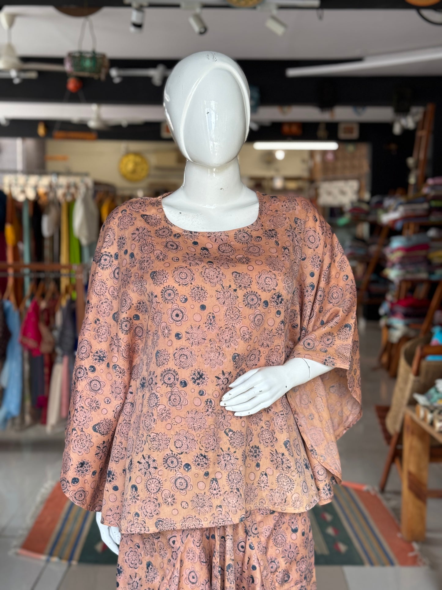 Blue flowers n circles on beige cape top - hand block printed, natural dyed, Kalamkari satin cotton top