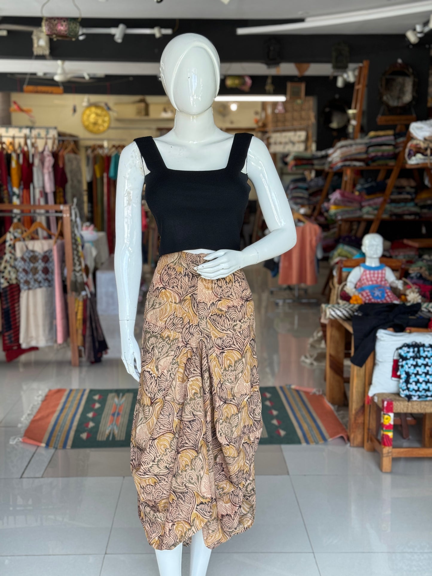 Wild flower beige Kalamkari hand block printed cotton designer skirt - with pockets