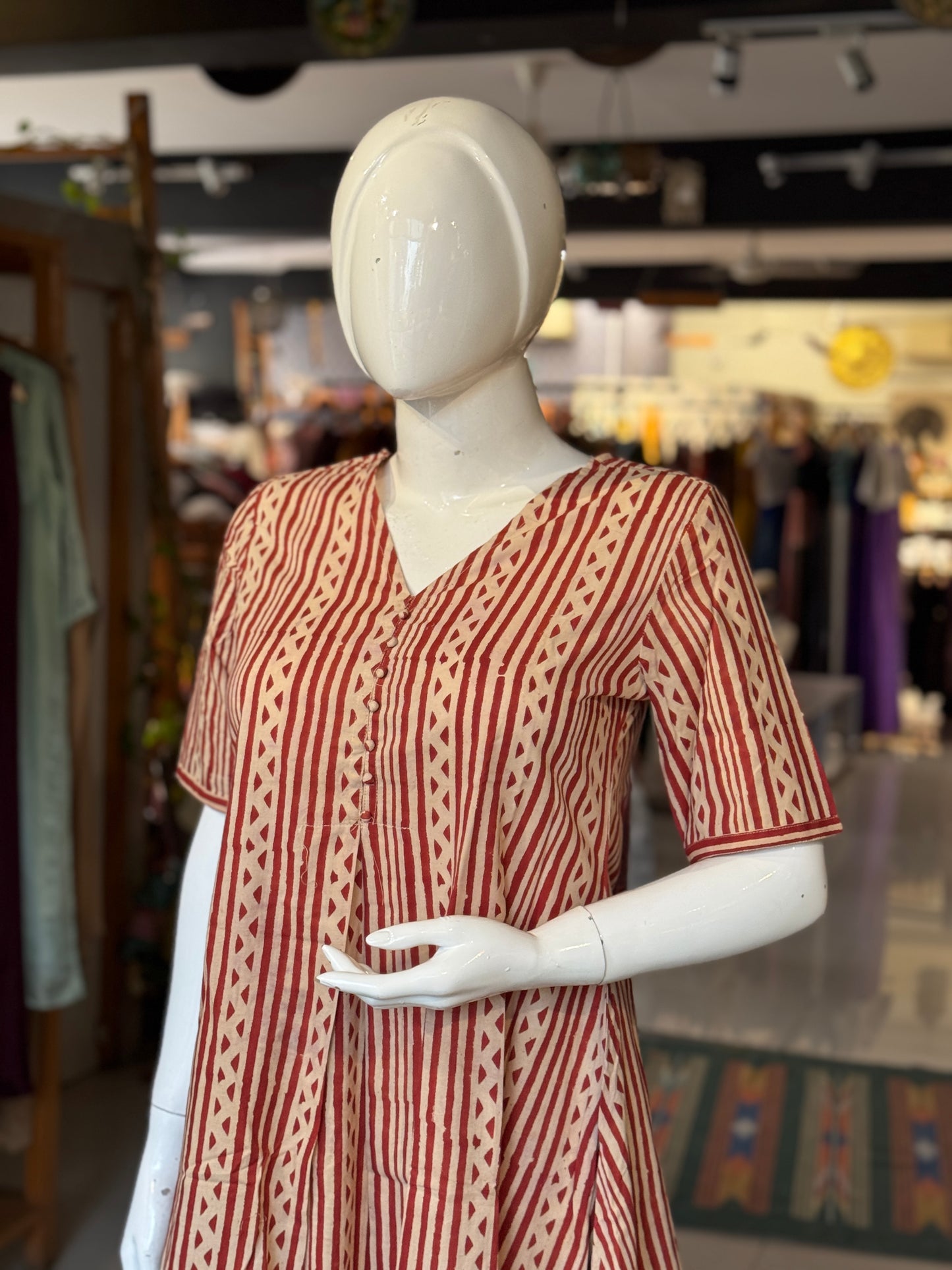 Front pleated, v-neck hand block printed cotton dress - multiple designs