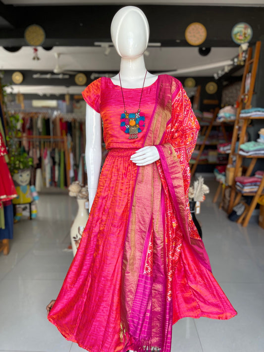 Pink and yellow dual tone free size lehenga skirt