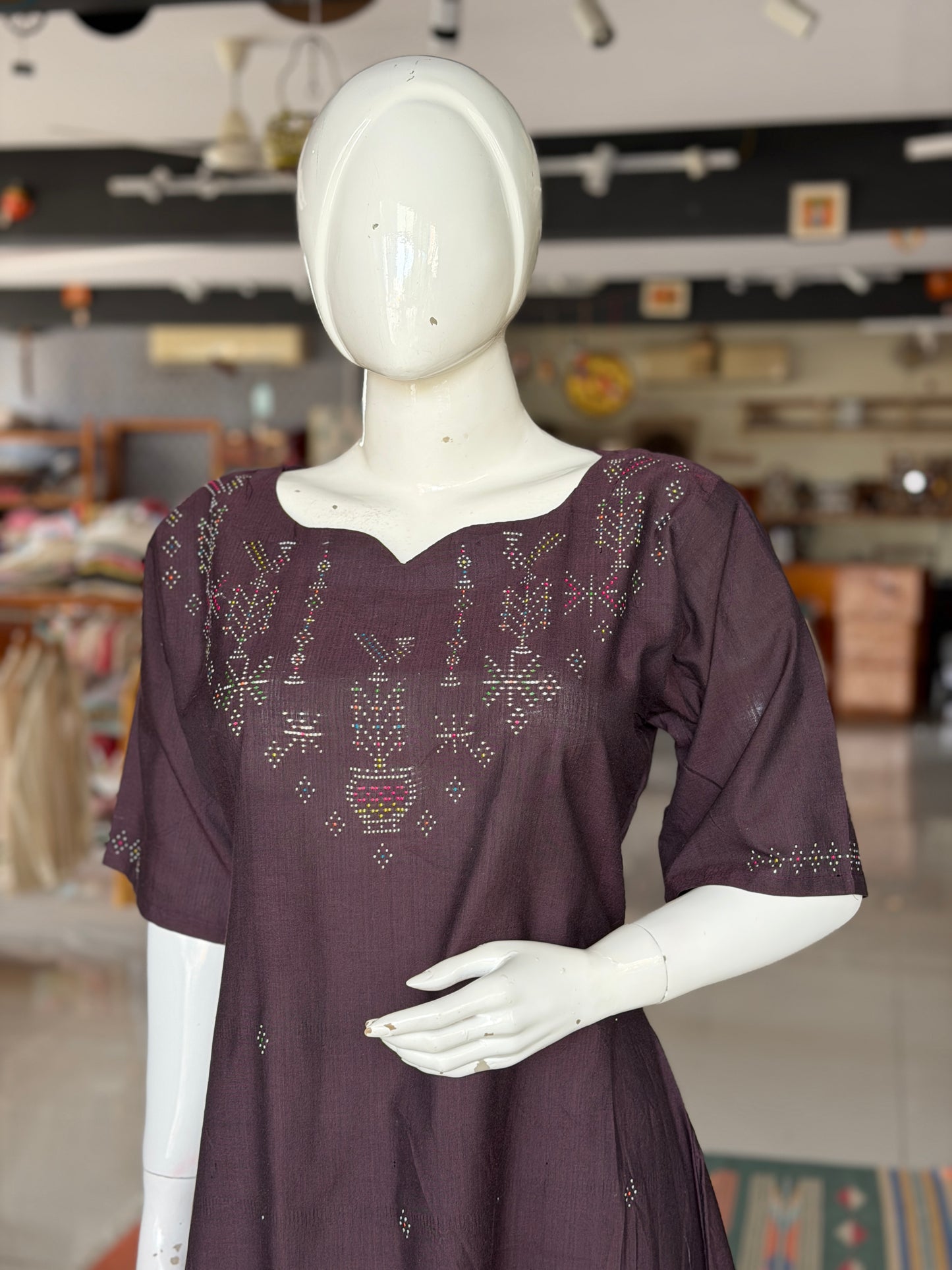 Wine Brown Tangaliya handwoven cotton a-line kurti / dress