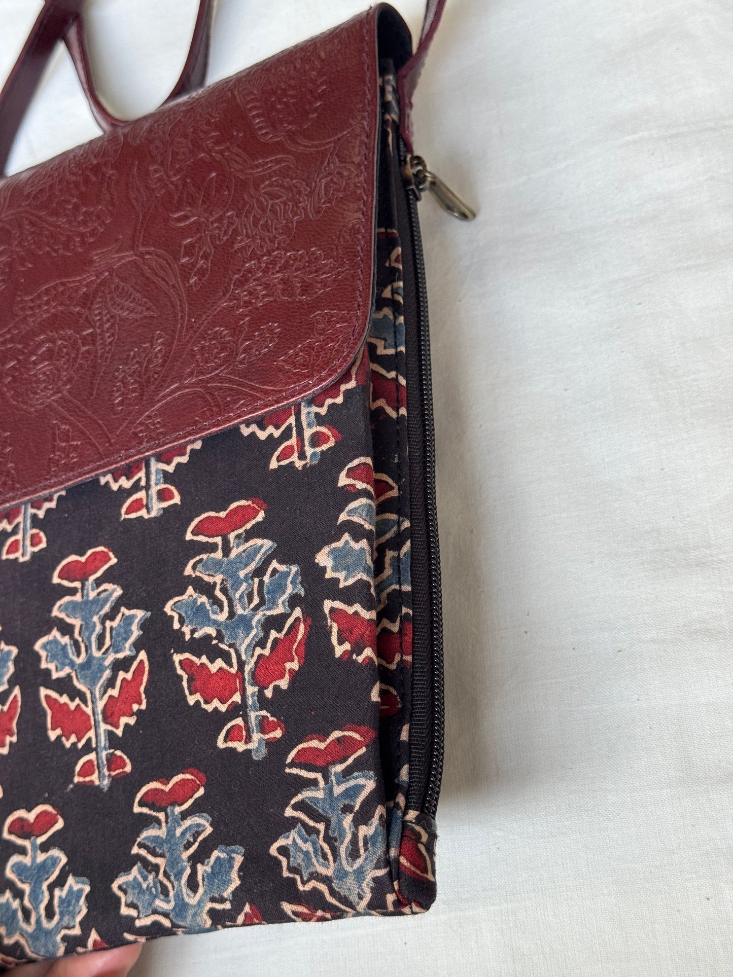 Mobile phone fabric sling with embossed leather flap - carry your essentials