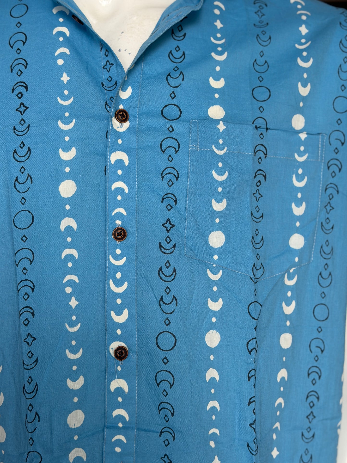 Blue phases of moon print half sleeves mens hand block printed cotton shirt