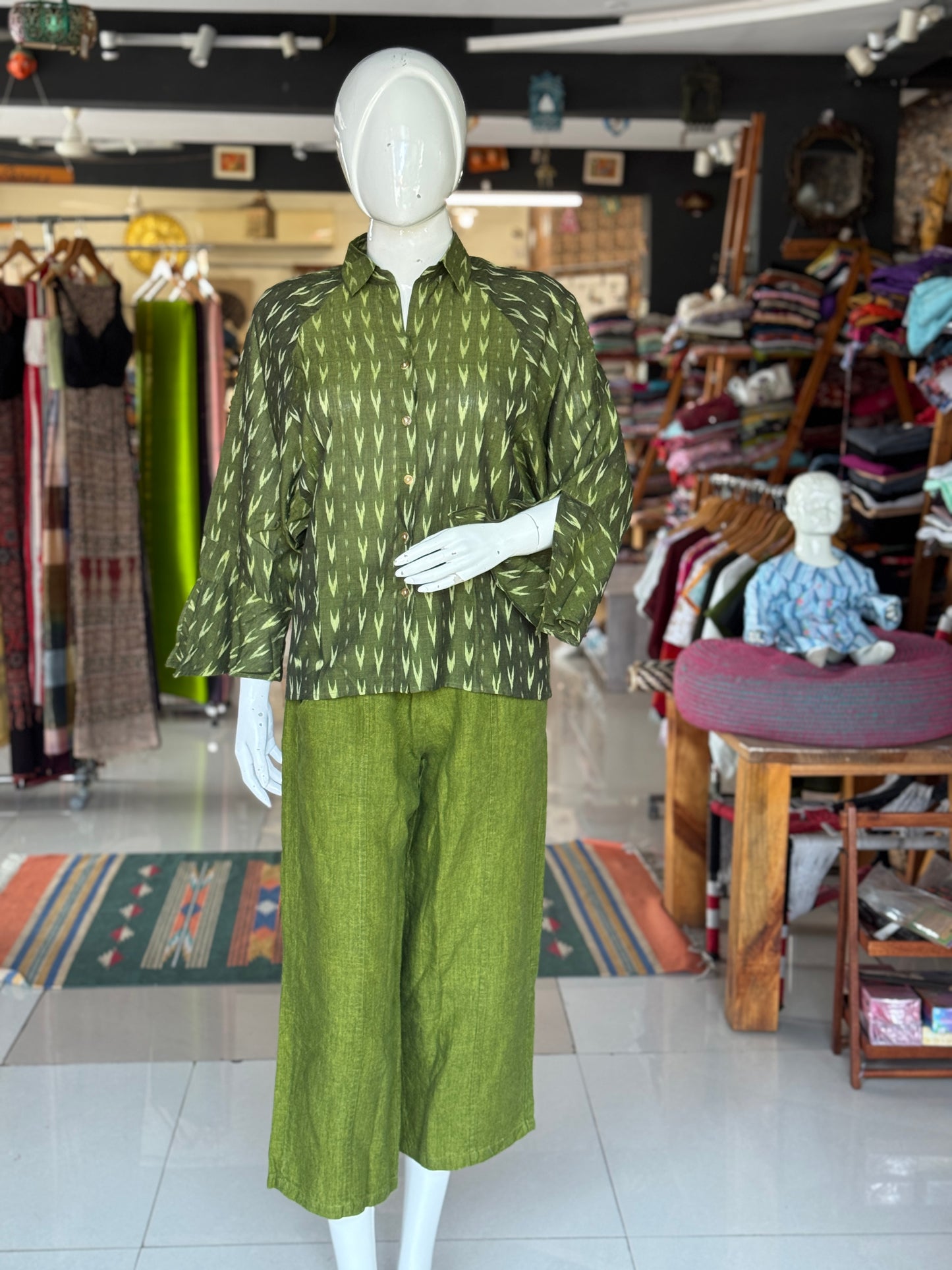 Green cotton hand woven Ikat shirt - click to see designs