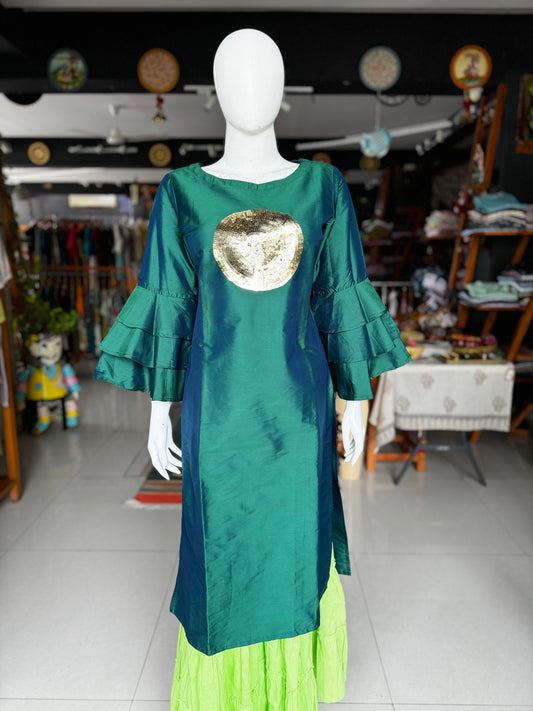 Dark green sequins work art silk fancy sleeves kurta with light green cotton sharara - 2 piece set