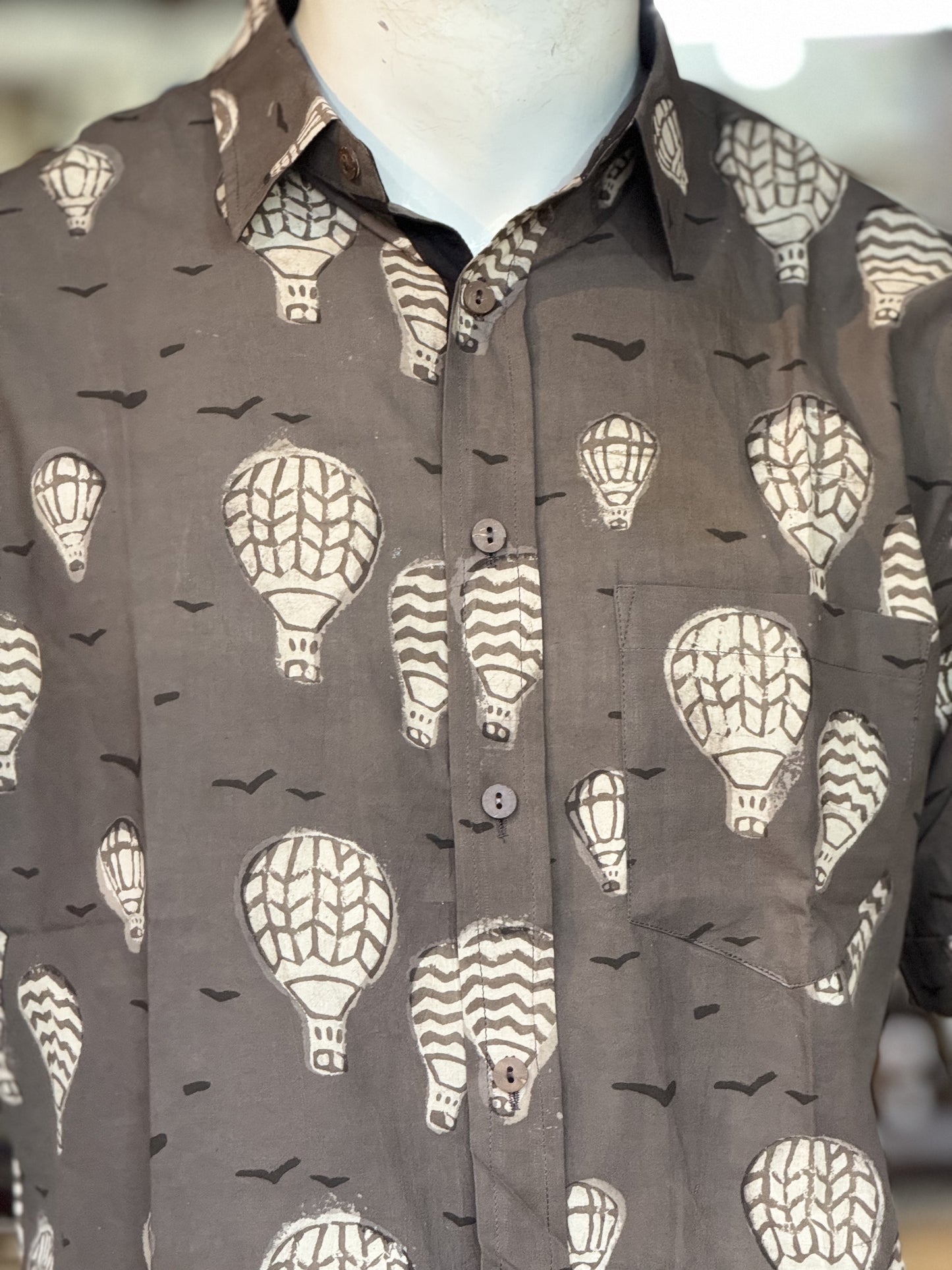 Grey hot air balloons print half sleeves mens natural dye, hand block printed cotton shirt