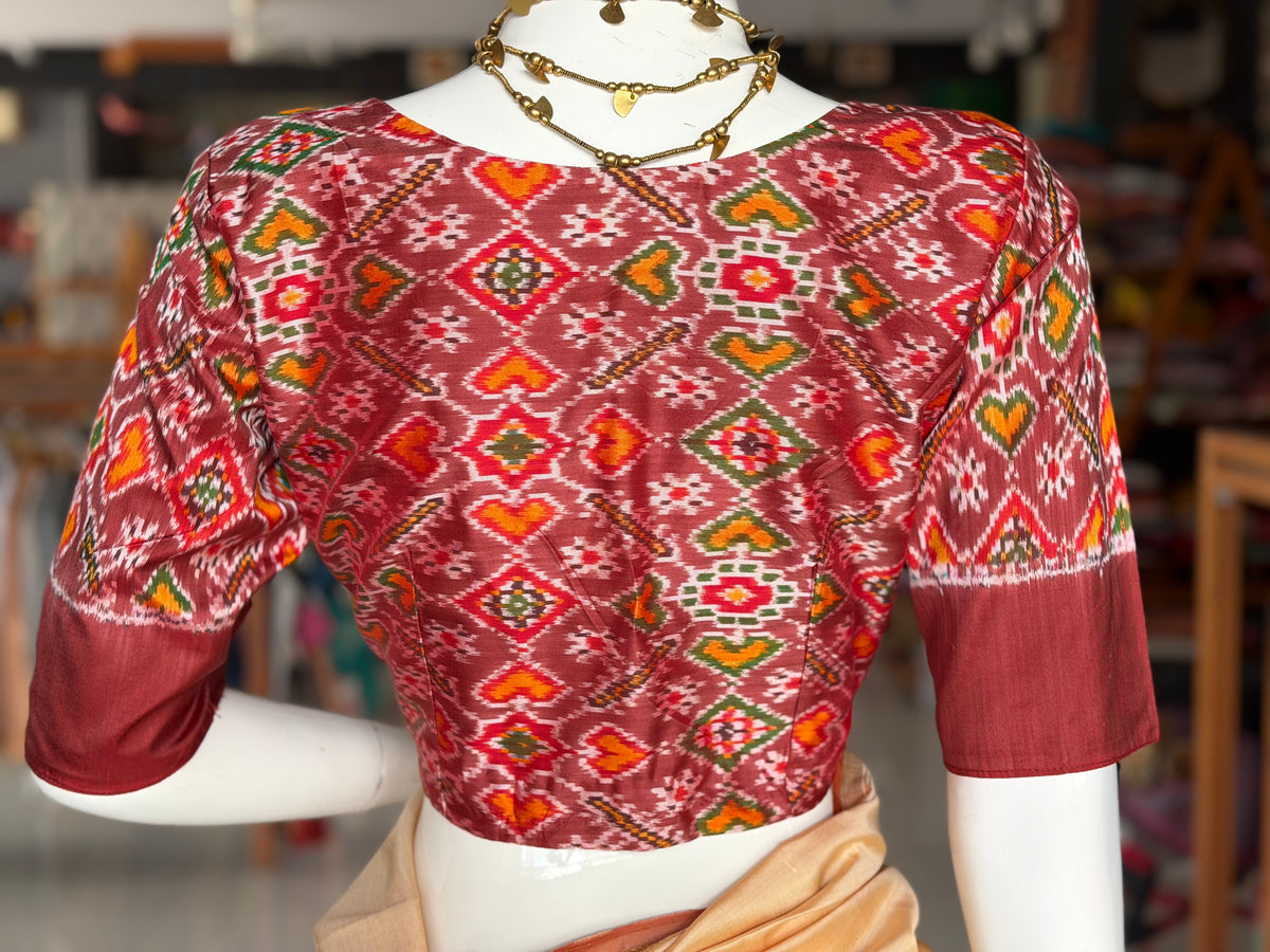 Brick red pure  silk Ikat handloom elbow sleeves princess cut front open blouse