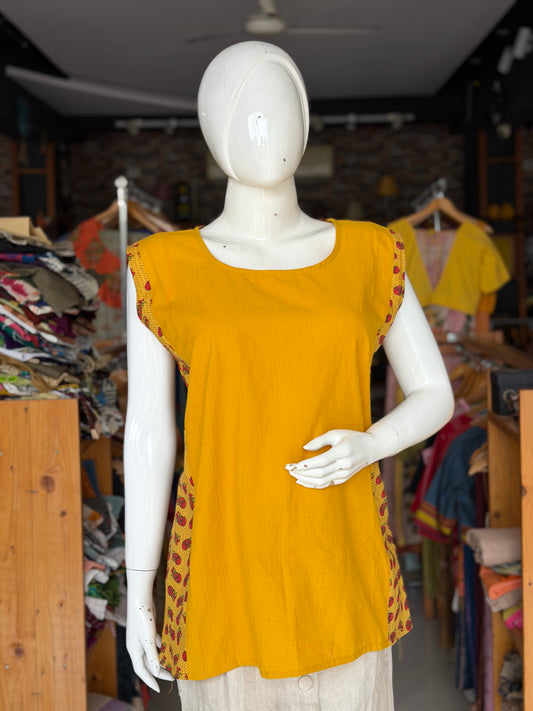 Handloom plain cotton center panel top with yellow fish hand block printed sides