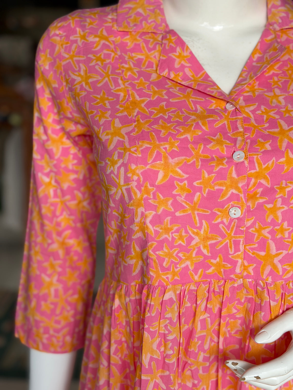 Pink and yellow floral hand block printed cotton collared tiered dress