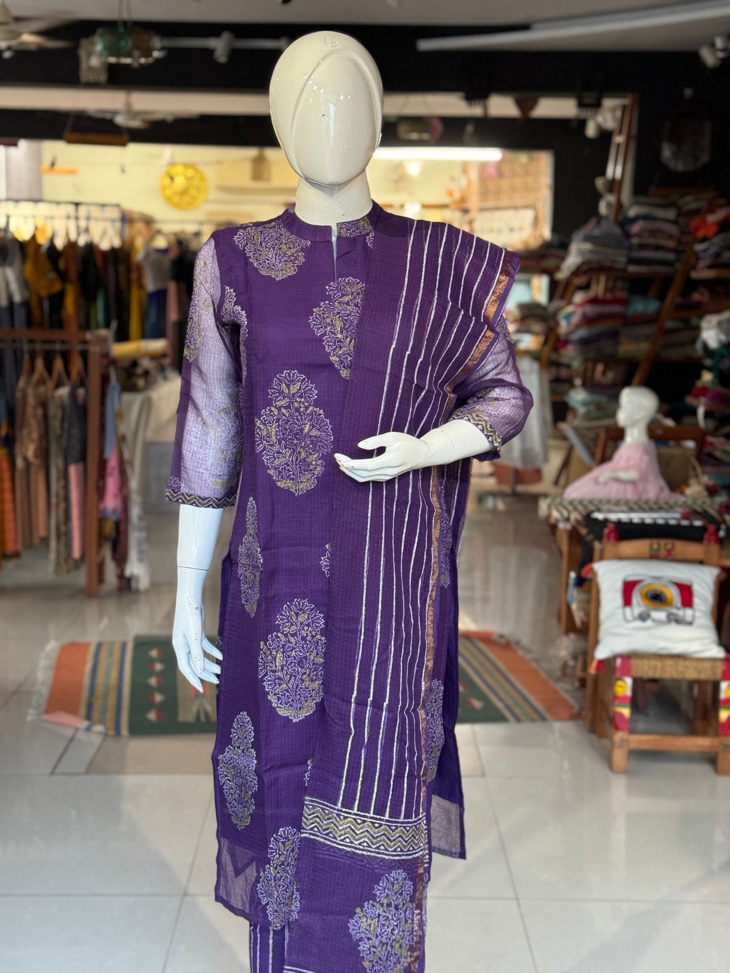Violet hand block printed kota cotton straight kurti, pants and dupatta set - with hand embroidery