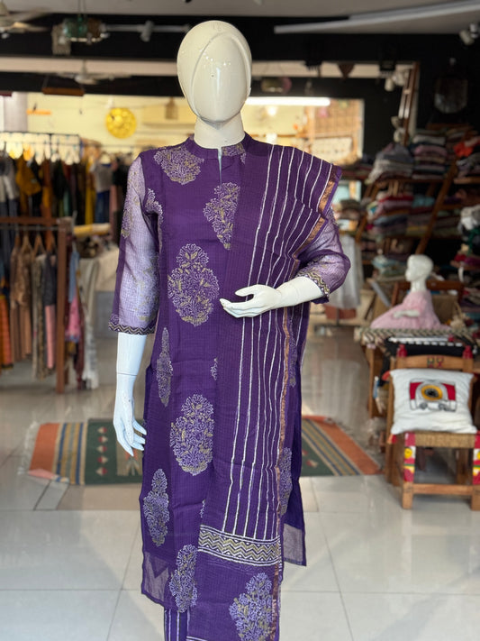 Violet hand block printed kota cotton straight kurti, pants and dupatta set - with hand embroidery
