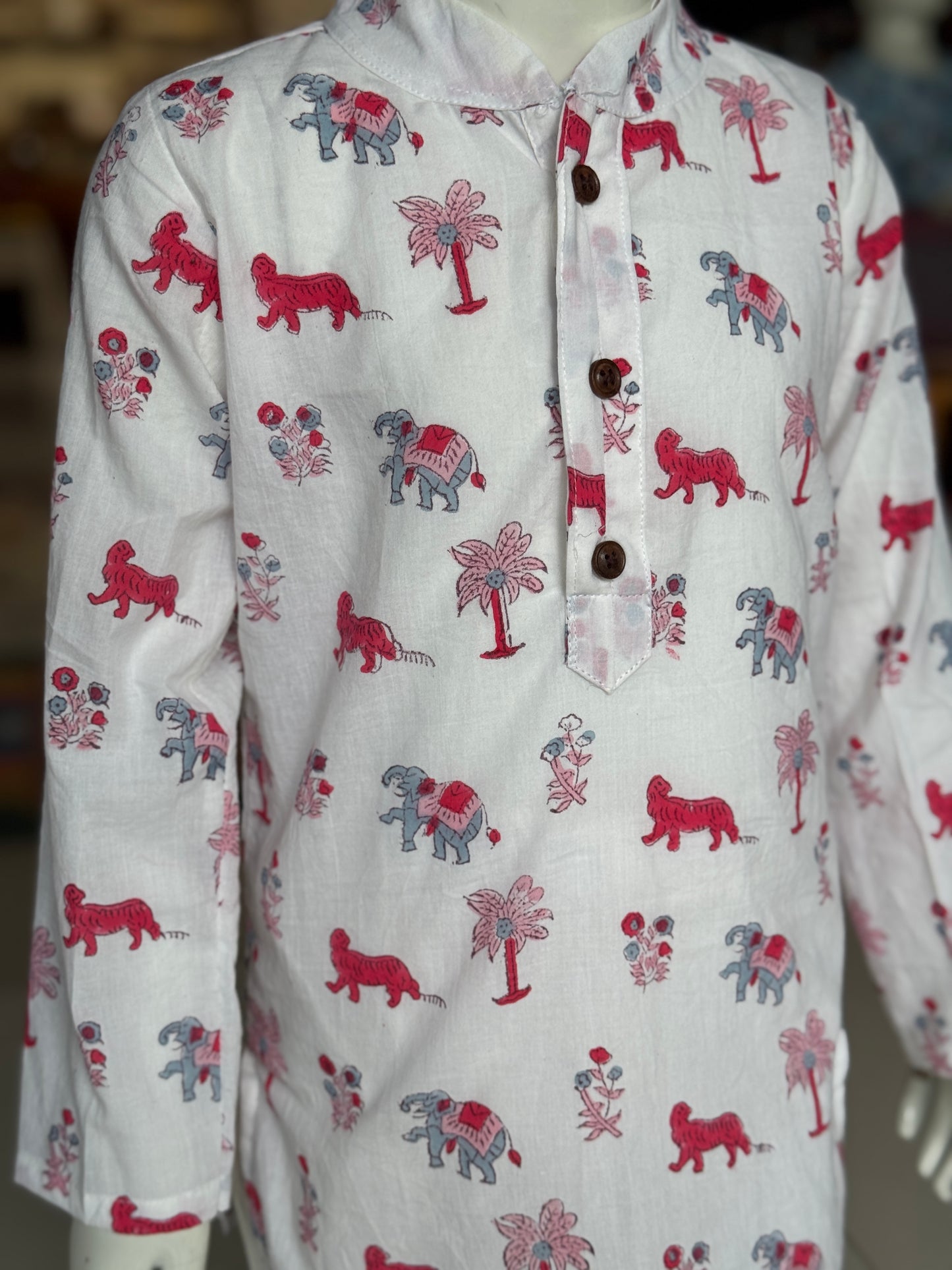 Jungle theme white hand block printed long cotton kurta for boys