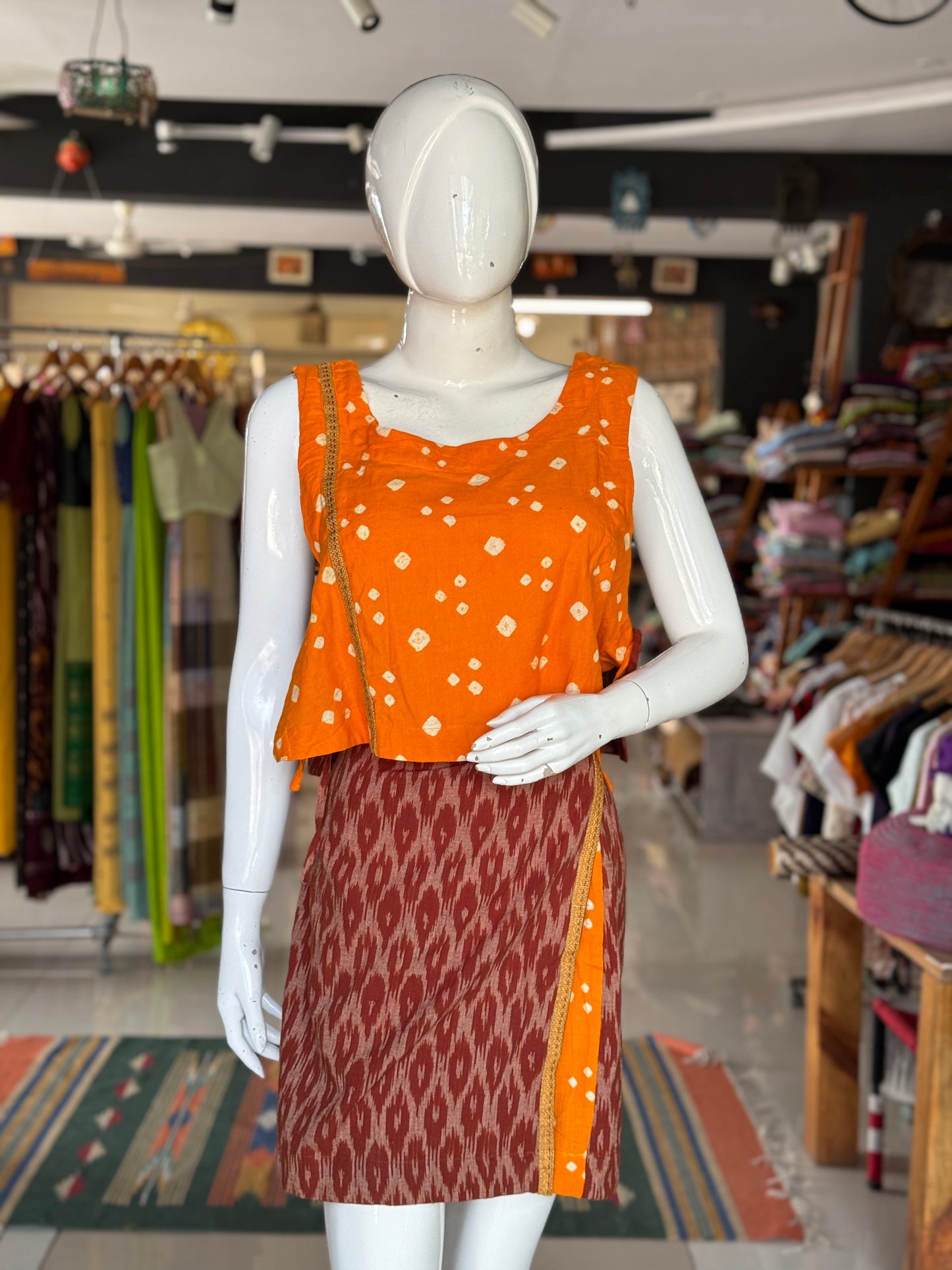 Short wrap skirt n crop top - 4 way handcrafted cotton coord set - free sized side ties crop top and wrap around skirt