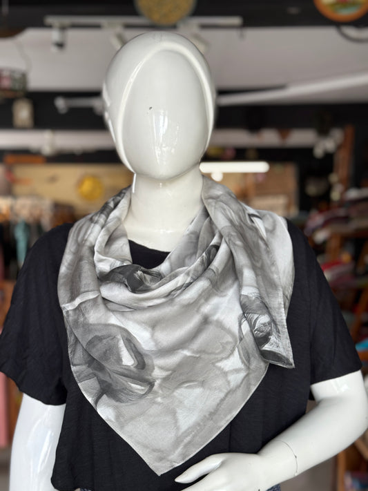 White and grey handpainted modal satin scarf