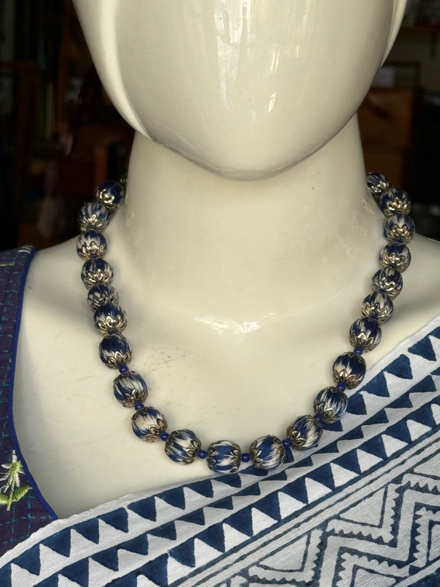 Ikat tie dye threads beads neckpiece and ear rings / hooks set