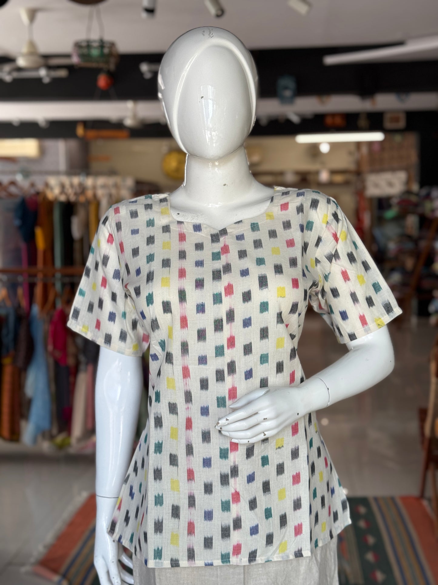 Ikat off white cotton handloom top with colorful rectangle design