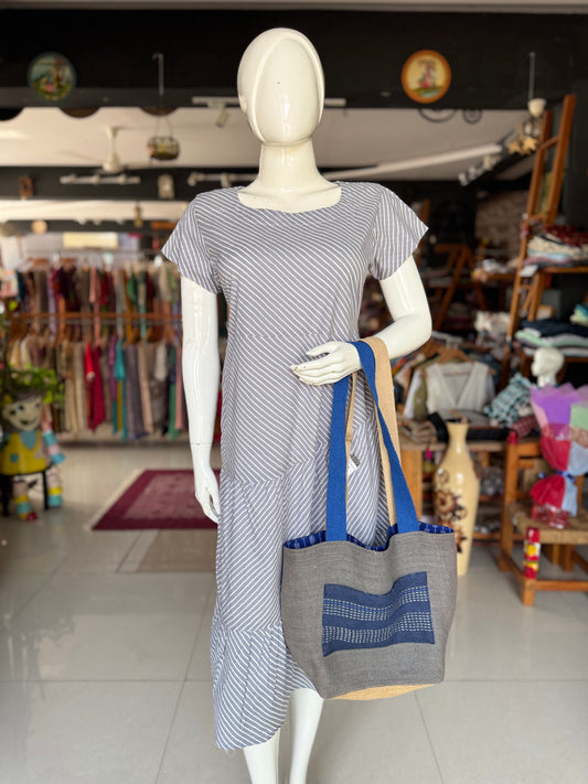 Grey leheriya handblock print cotton frills dress with short sleeves