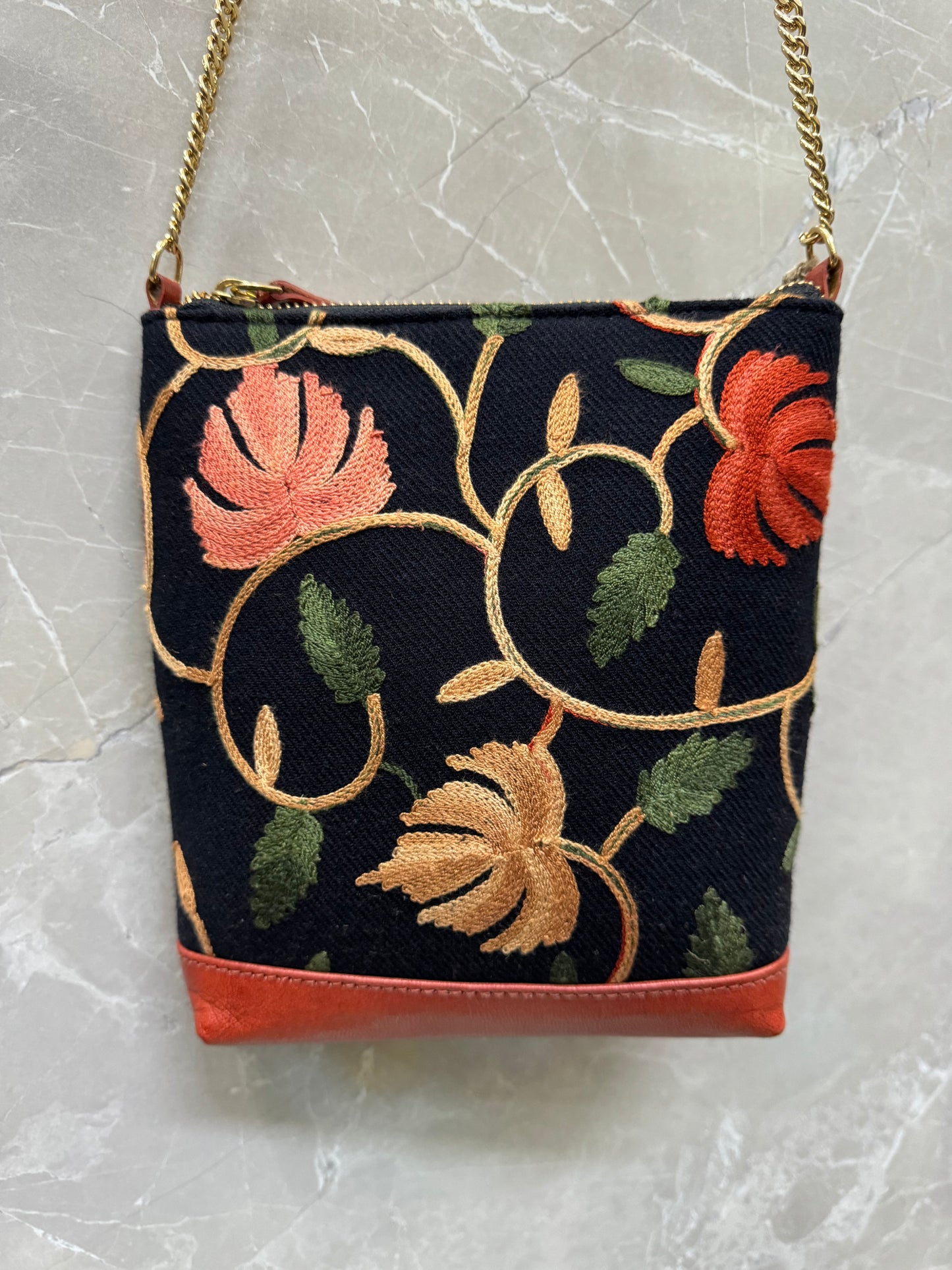 Black handcrafted leather base Kashmiri floral Aari embroidered sling bag