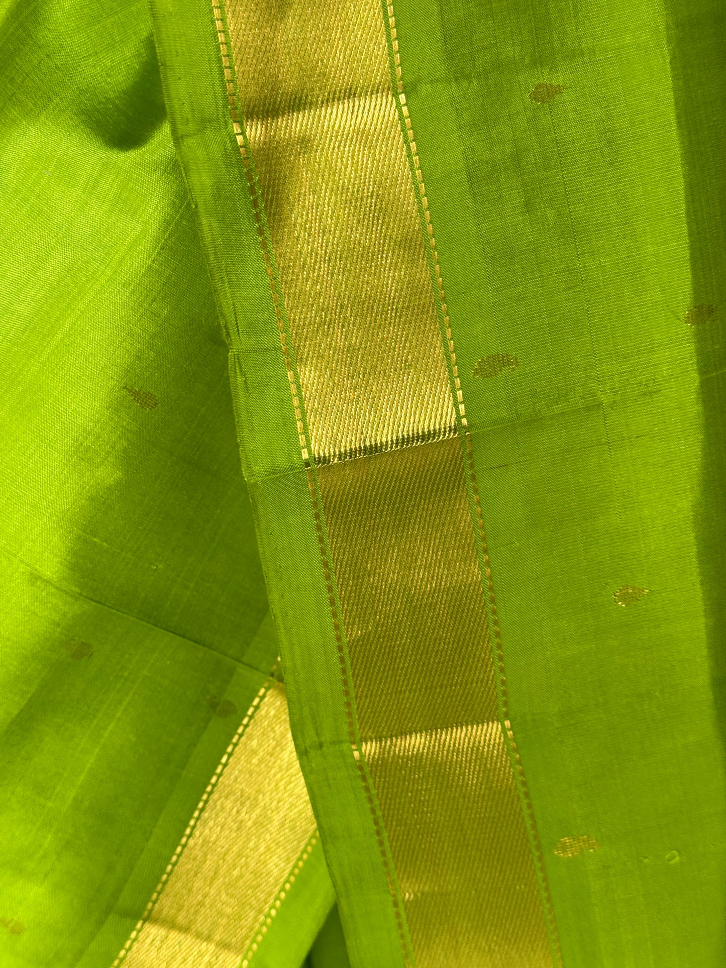 Parrot green pure silk handloom Kumbakonam pattu saree with rounded corner border near palla