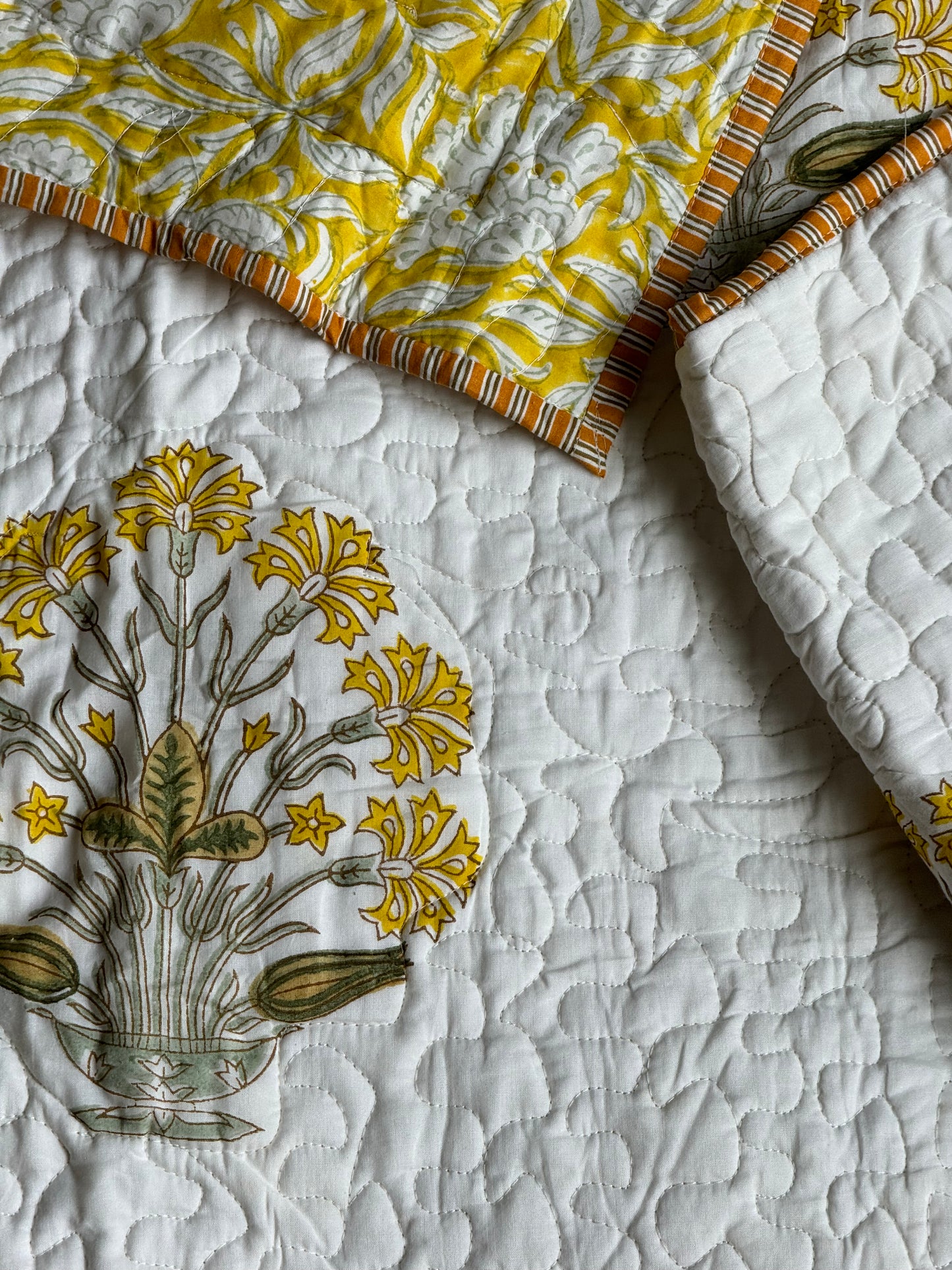 Quilted white and yellow bed cover with 2 pillow cases - hand block printed reversible