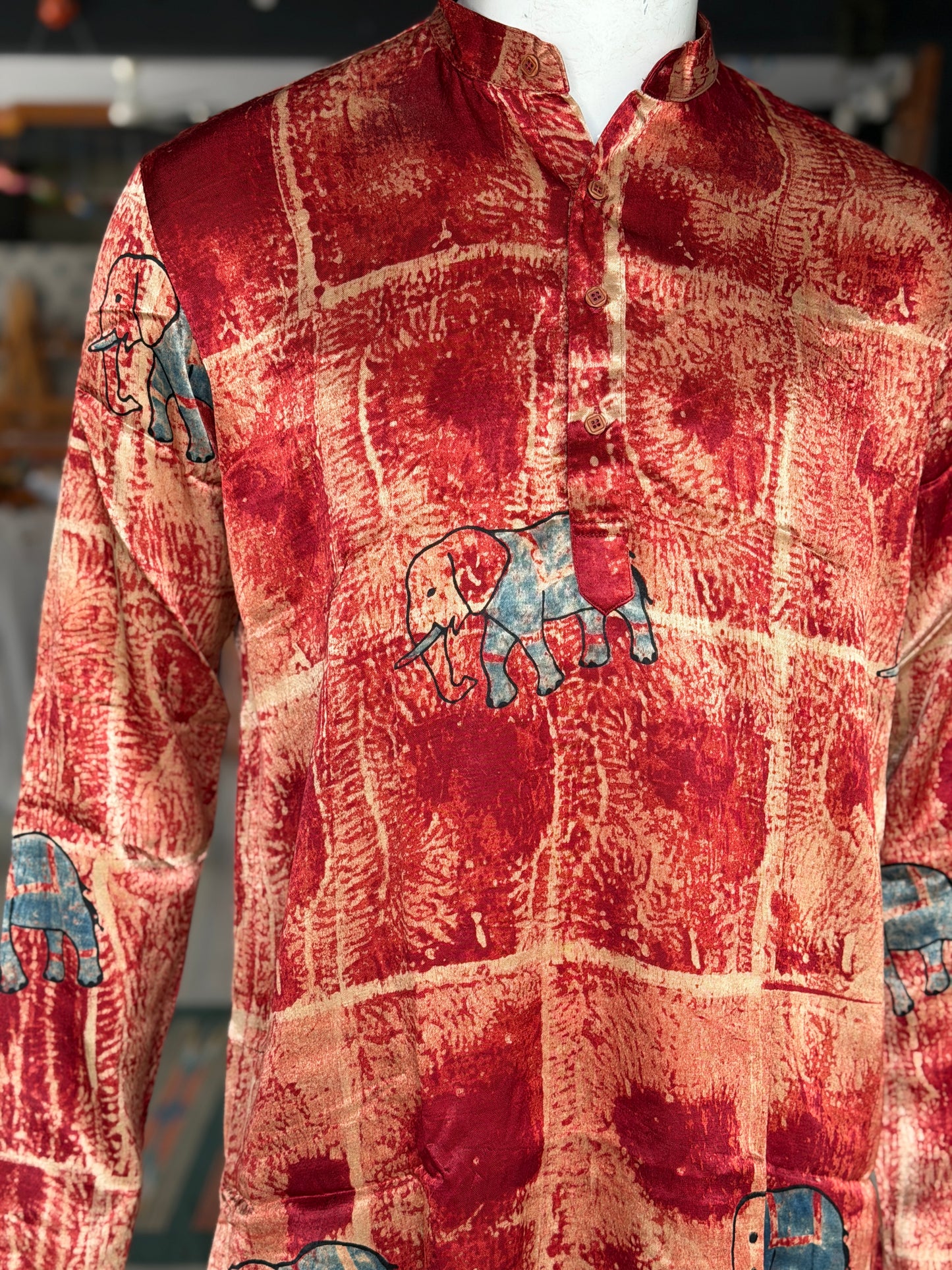 Maroon elephant hand block printed Ajrakh mashru long kurta for men