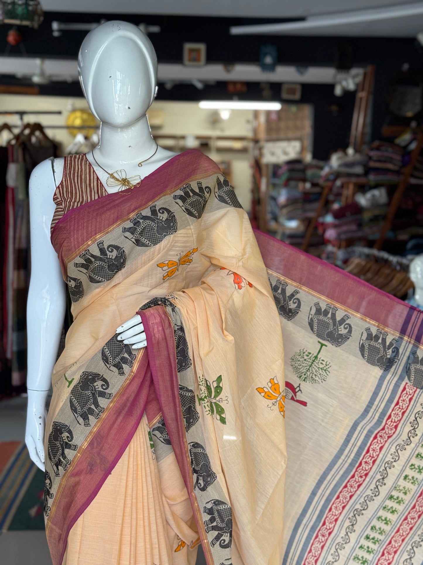 Sandal tone hand block printed Chettinad cotton saree - birds and butterflies